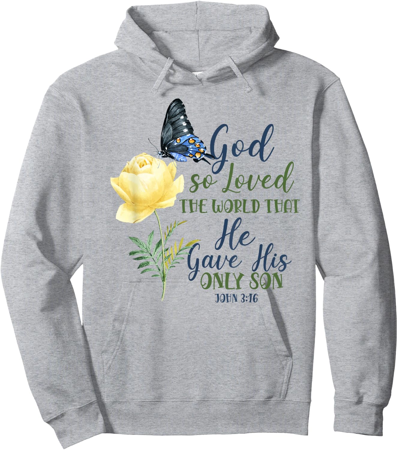Christian Bible Verse Quote Butterfly Rose Flower John 3:16 Hoodie - Hoodie | Ash