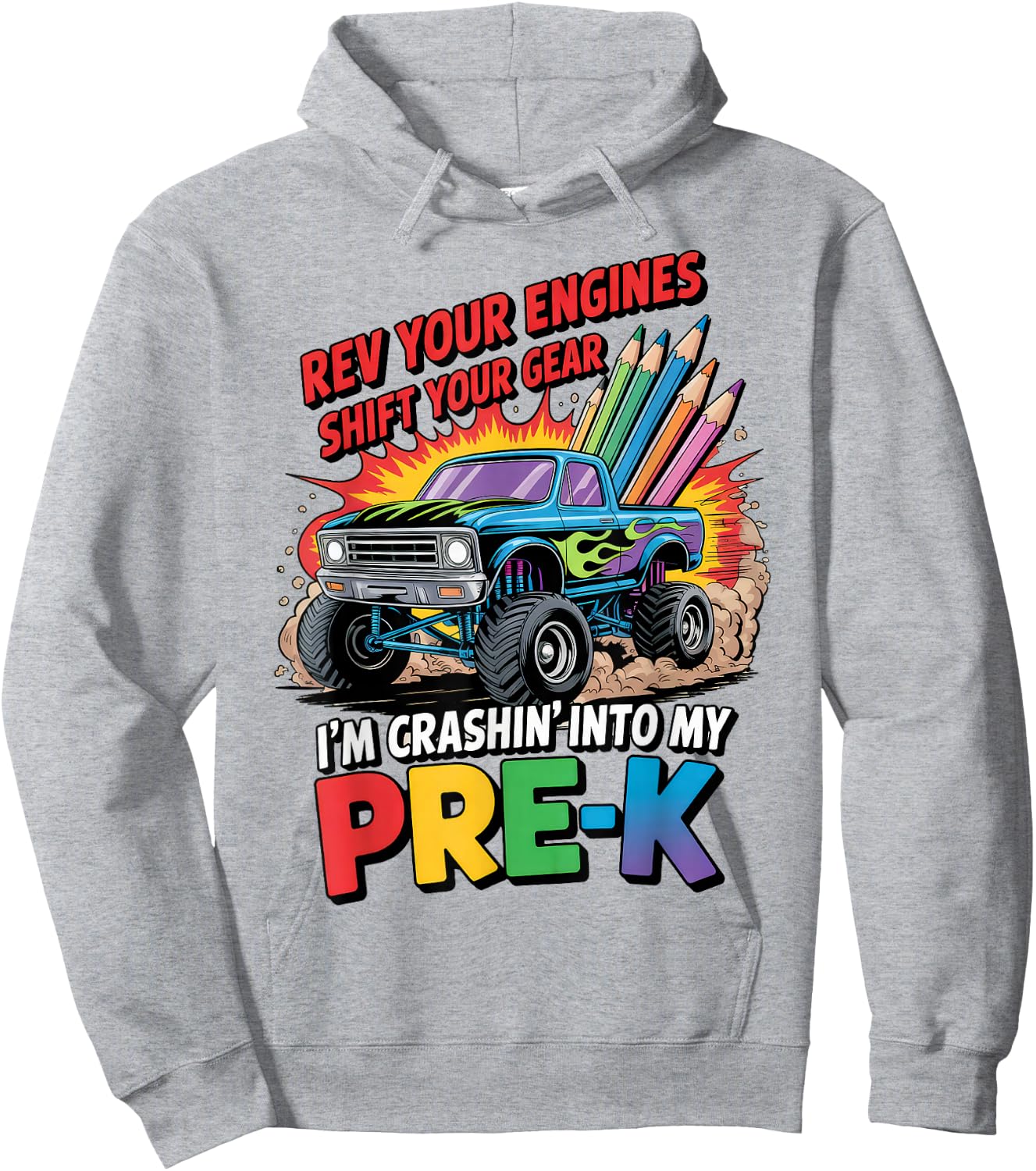 Back to School Pre-K Preschool Monster Truck First Day Boys Hoodie - Hoodie | Ash