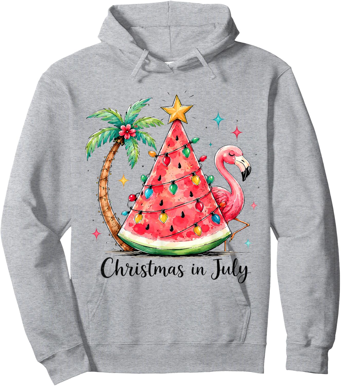 Christmas in July Watermelon Tree Flamingo Palm Tropical Hoodie - Hoodie | Ash