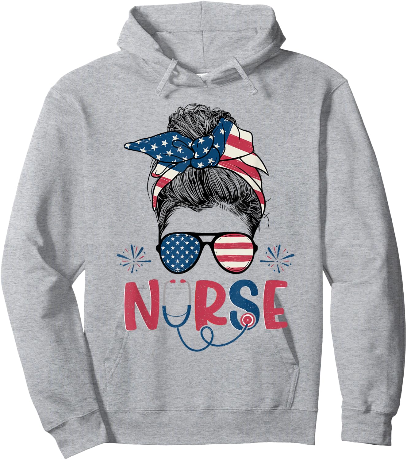 American Flag Patriotic Nurse Messy Bun 4th Of July Nurse Kids Men Hoodie - Hoodie | Ash