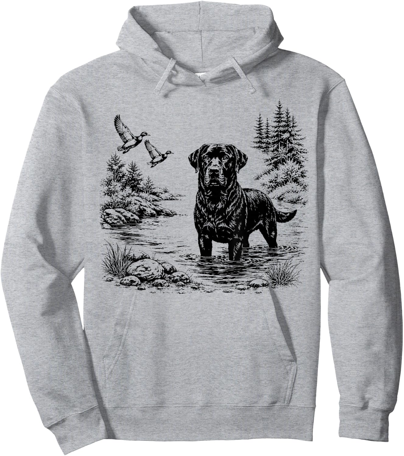 Vintage Black Labrador Duck Hunting Scene Sketch Landscape Hoodie - Hoodie | Ash