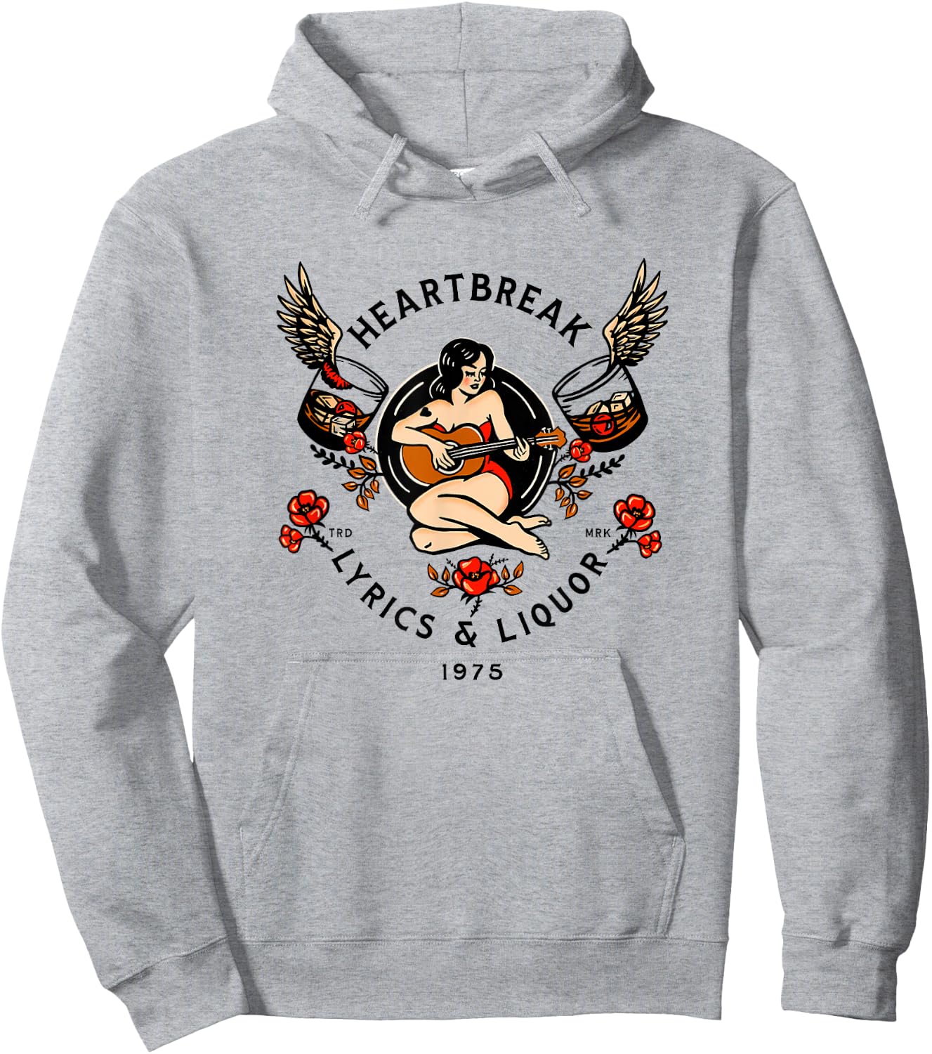 Heartbreak Lyrics & Liquor. Vintage Pinup Girl Guitar Art Small Hoodie - Hoodie | Ash