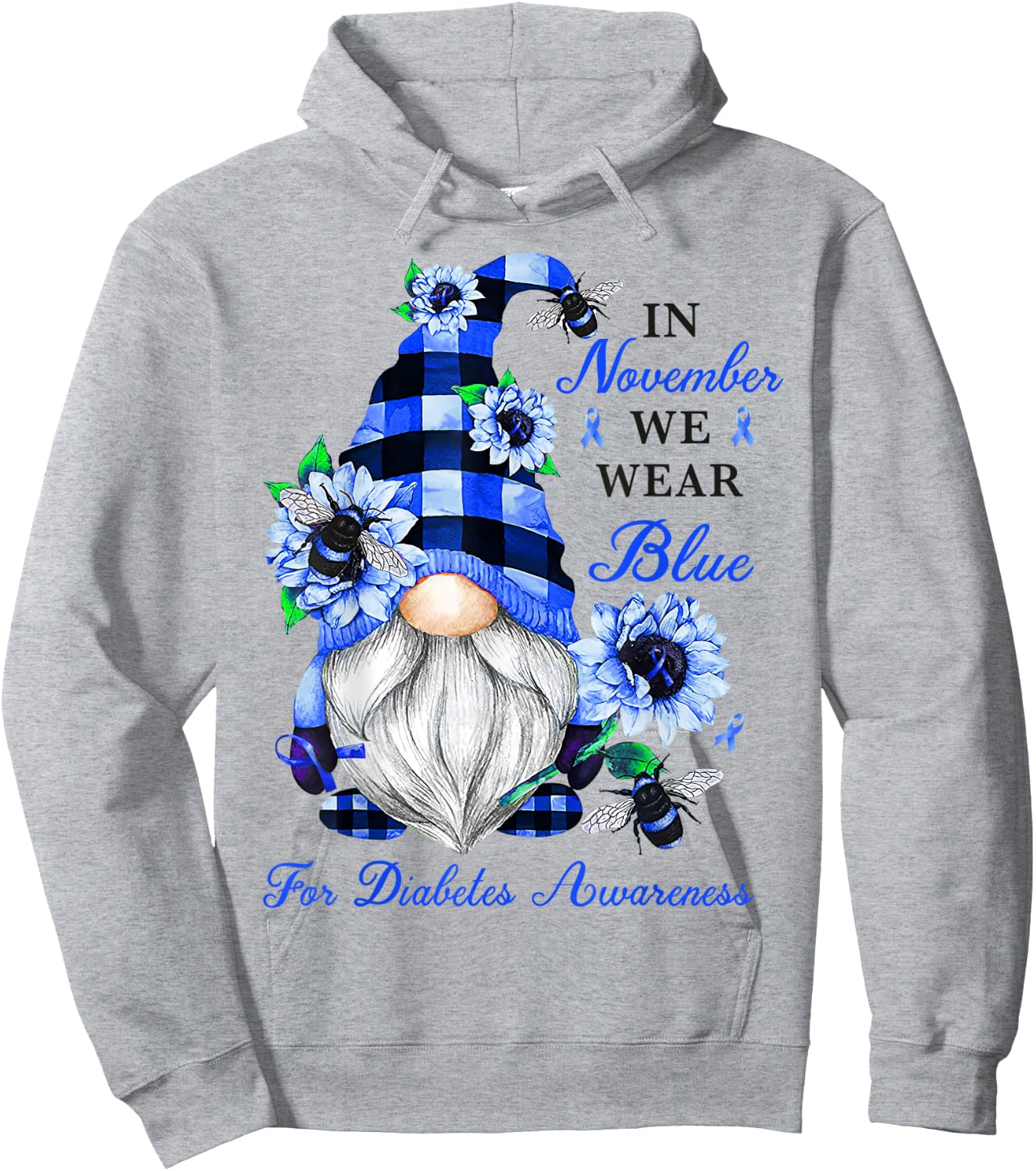 Gnome Diabetic November Diabetes Month Ribbon Blue Awareness Hoodie - Hoodie | Ash