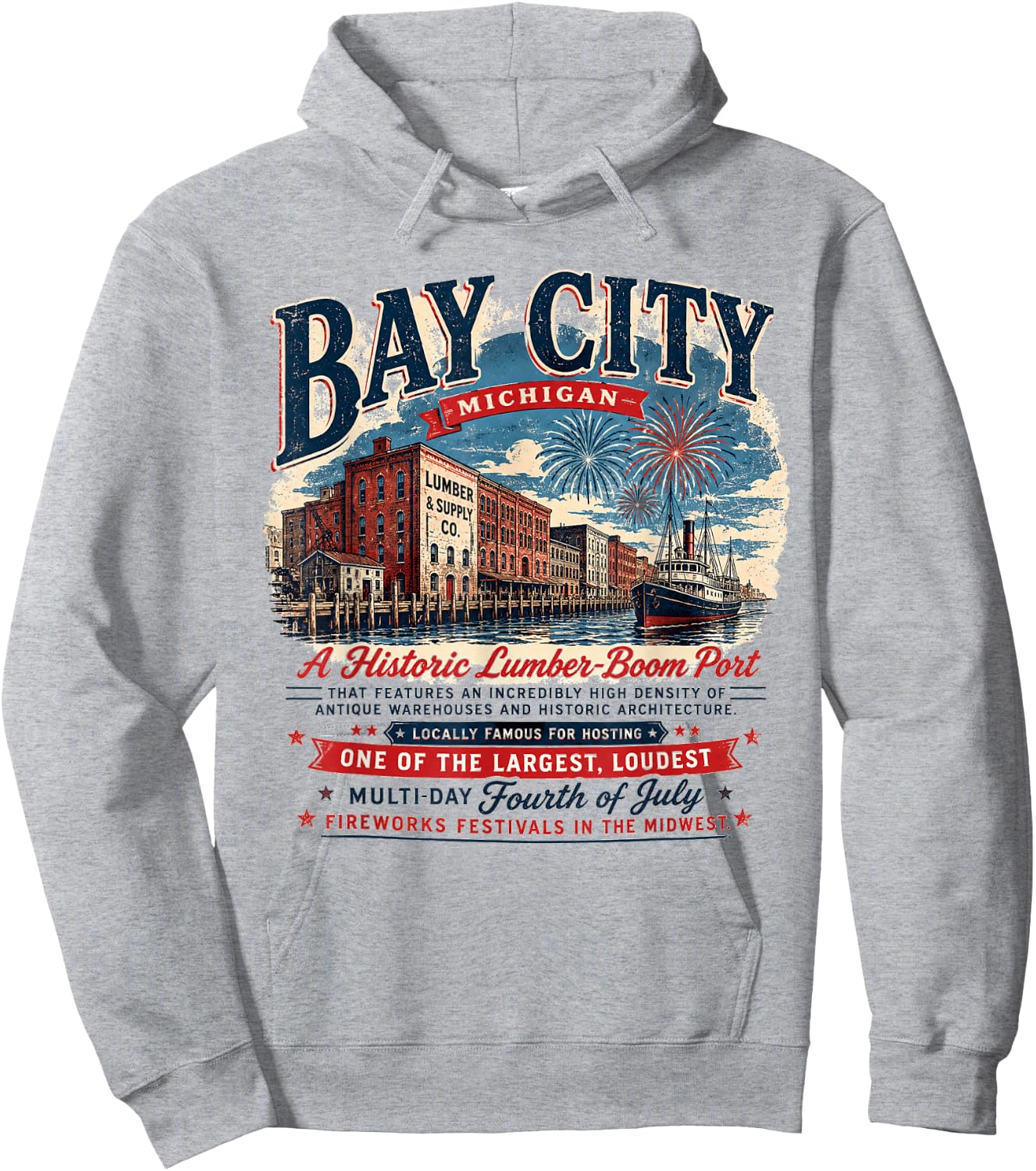 Bay City Michigan - Lumber Boom Port - 4th of July Patriotic Hoodie - Hoodie | Ash