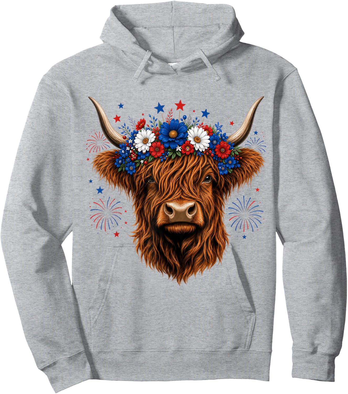 Highland Cow Cattle Floral 4th of July Patriotic Fireworks Hoodie - Hoodie | Ash