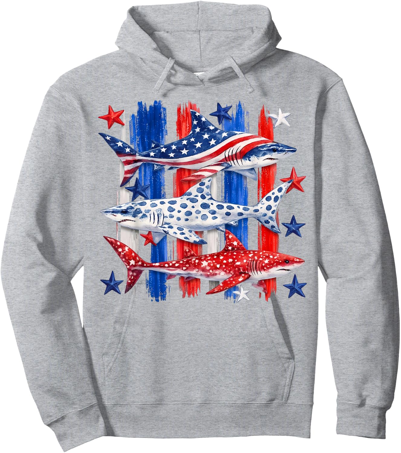 Patriotic USA American Flag Shark Stars and Stripes Men Boys Hoodie - Hoodie | Ash