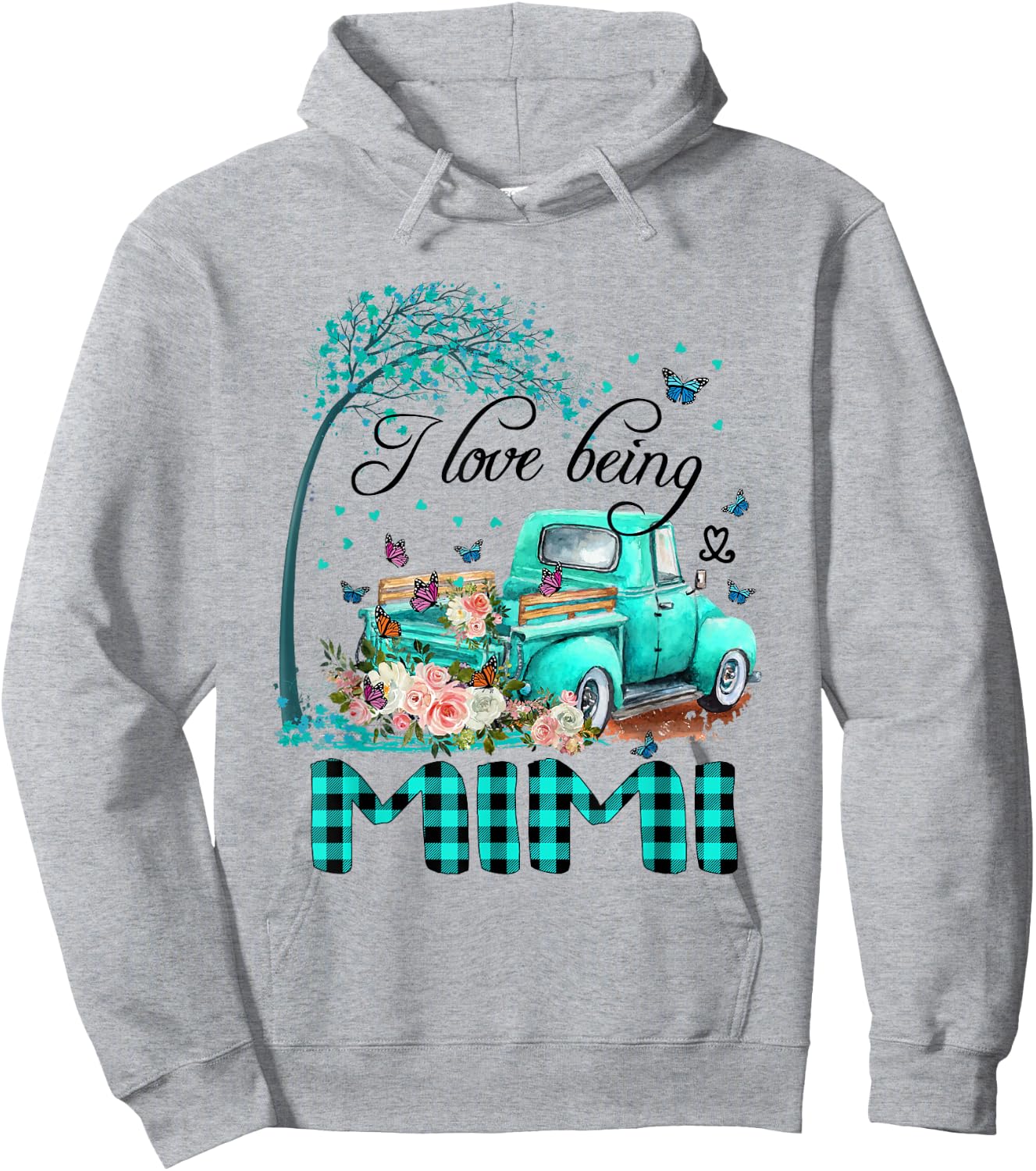 I Love Being Mimi Truck Flower Green Plaid Mimi Gift Hoodie - Hoodie | Ash
