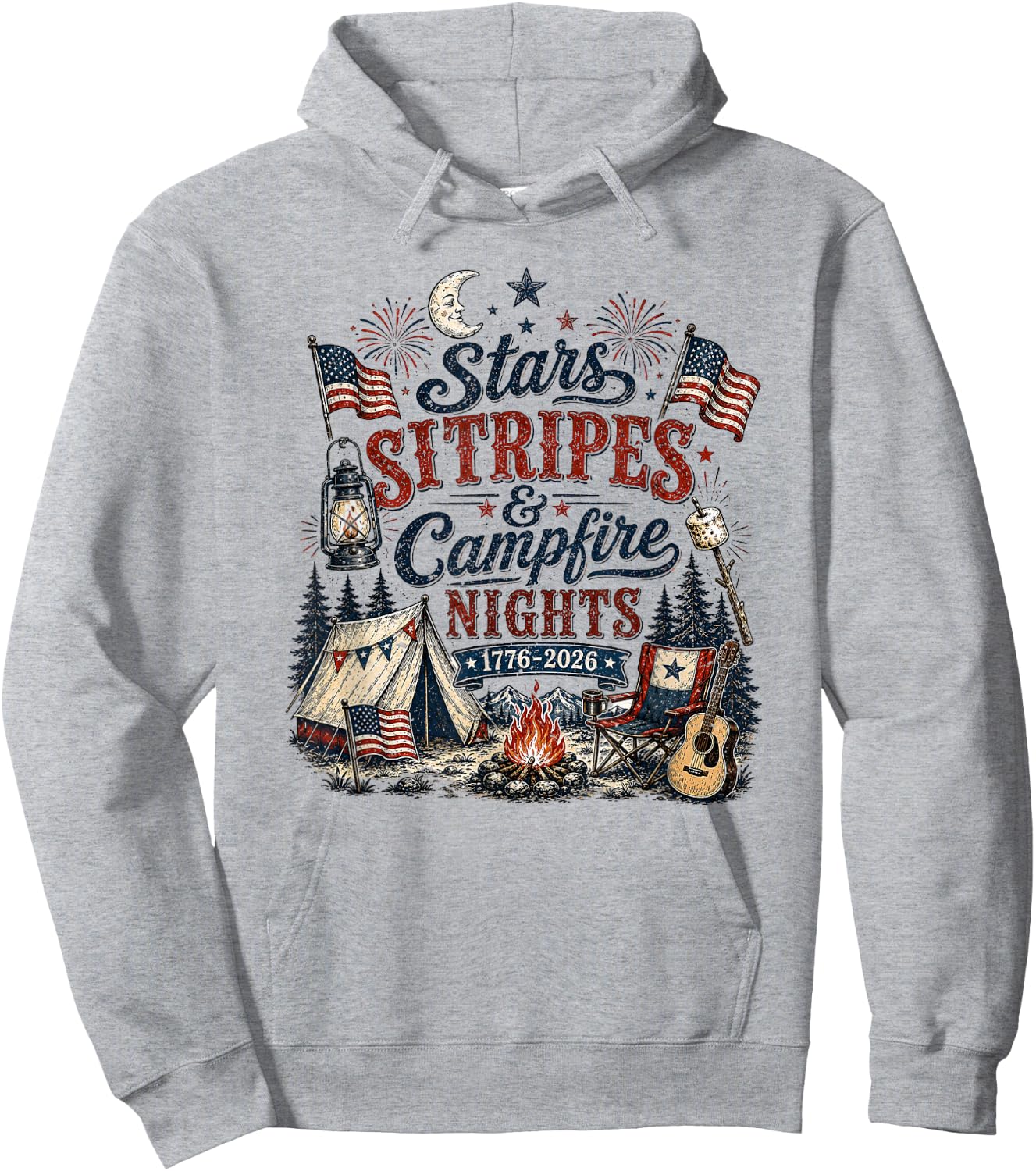Stars Stripes and Campfires Funny Patriotic Camping Day Hoodie - Hoodie | Ash