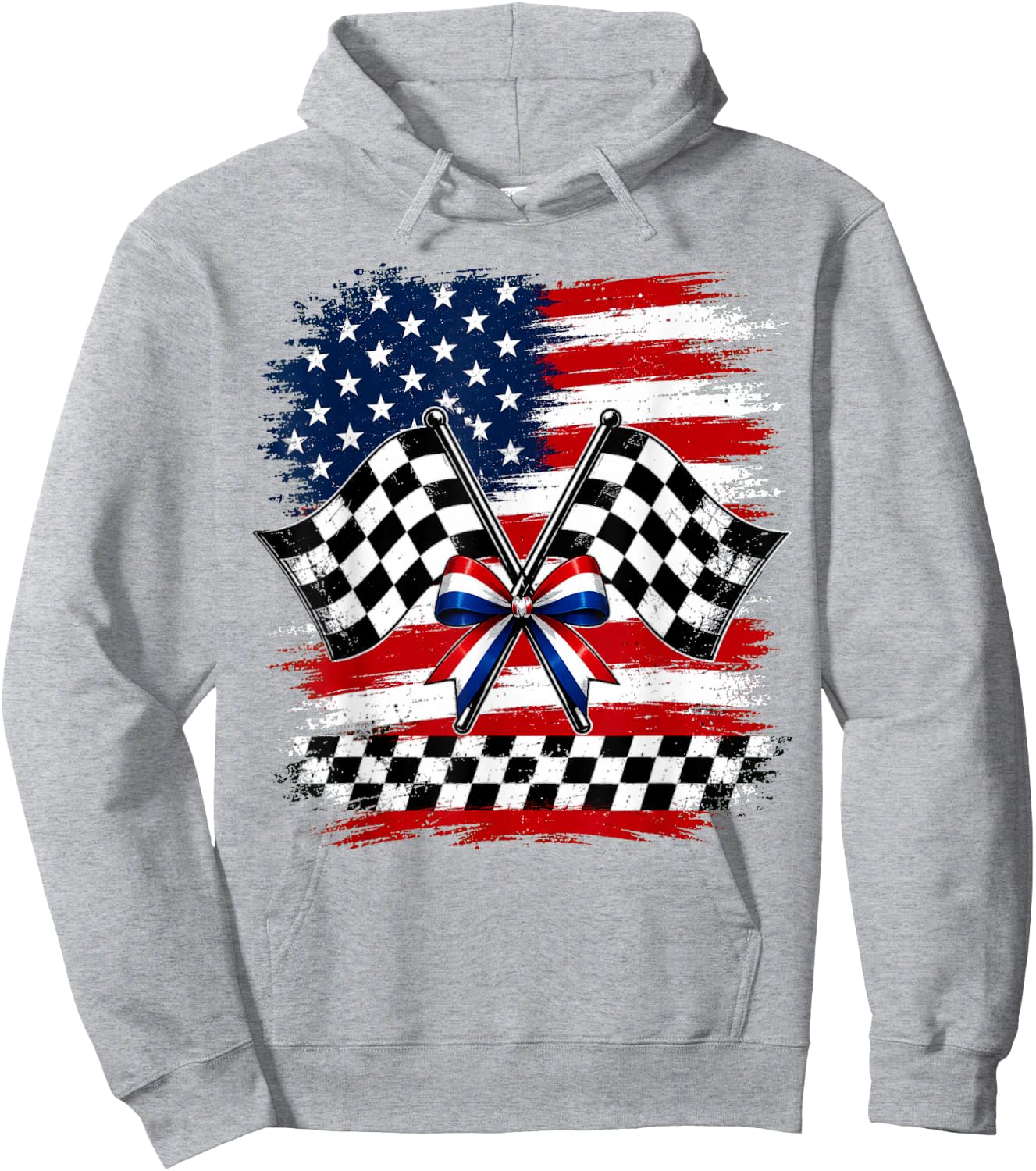 4th of July USA Patriotic Racing Flags Checkered Race Day Hoodie - Hoodie | Ash