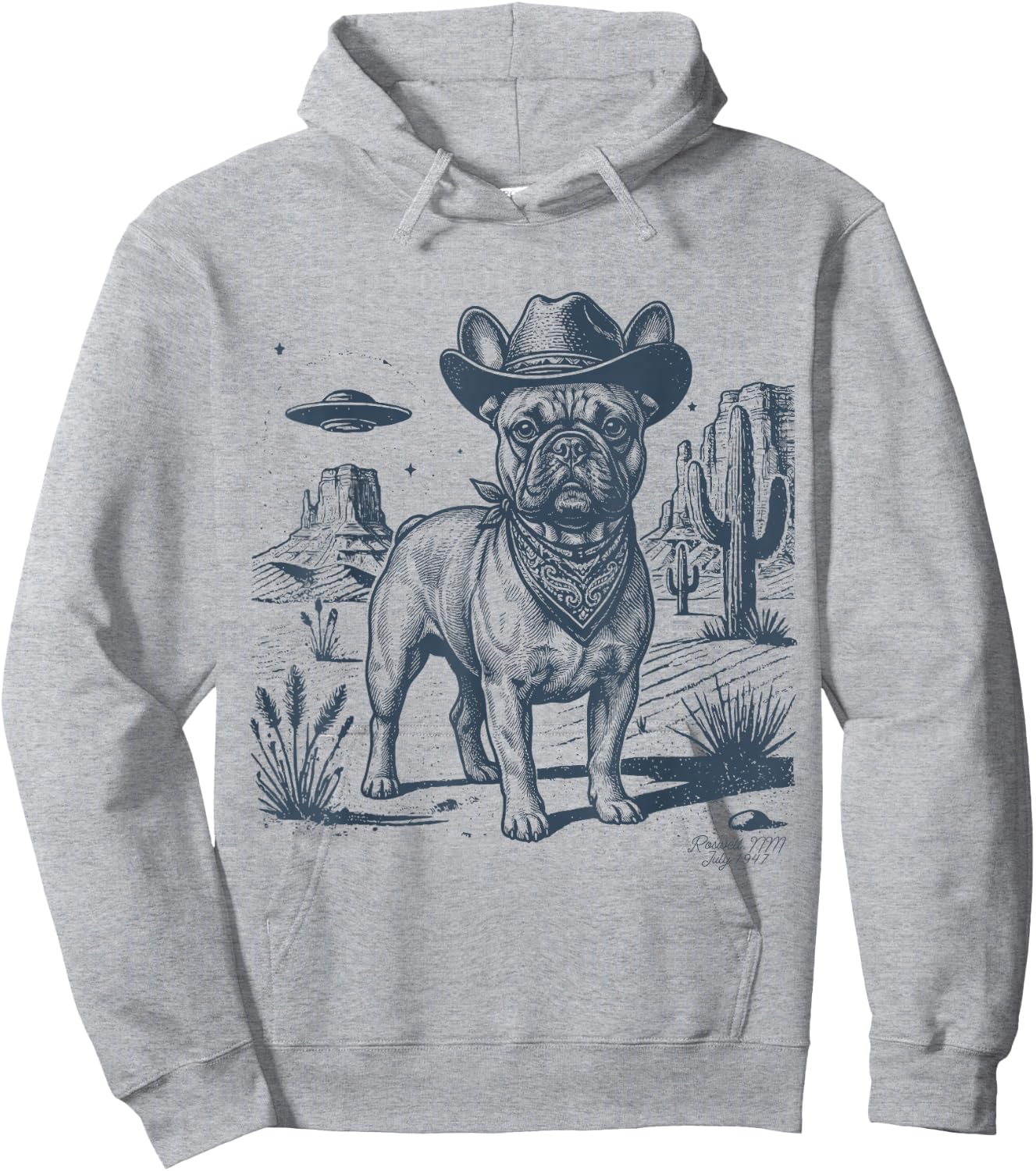 Vintage Alien UFO Western Cowboy French Bulldog Dog Desert Hoodie - Hoodie | Ash