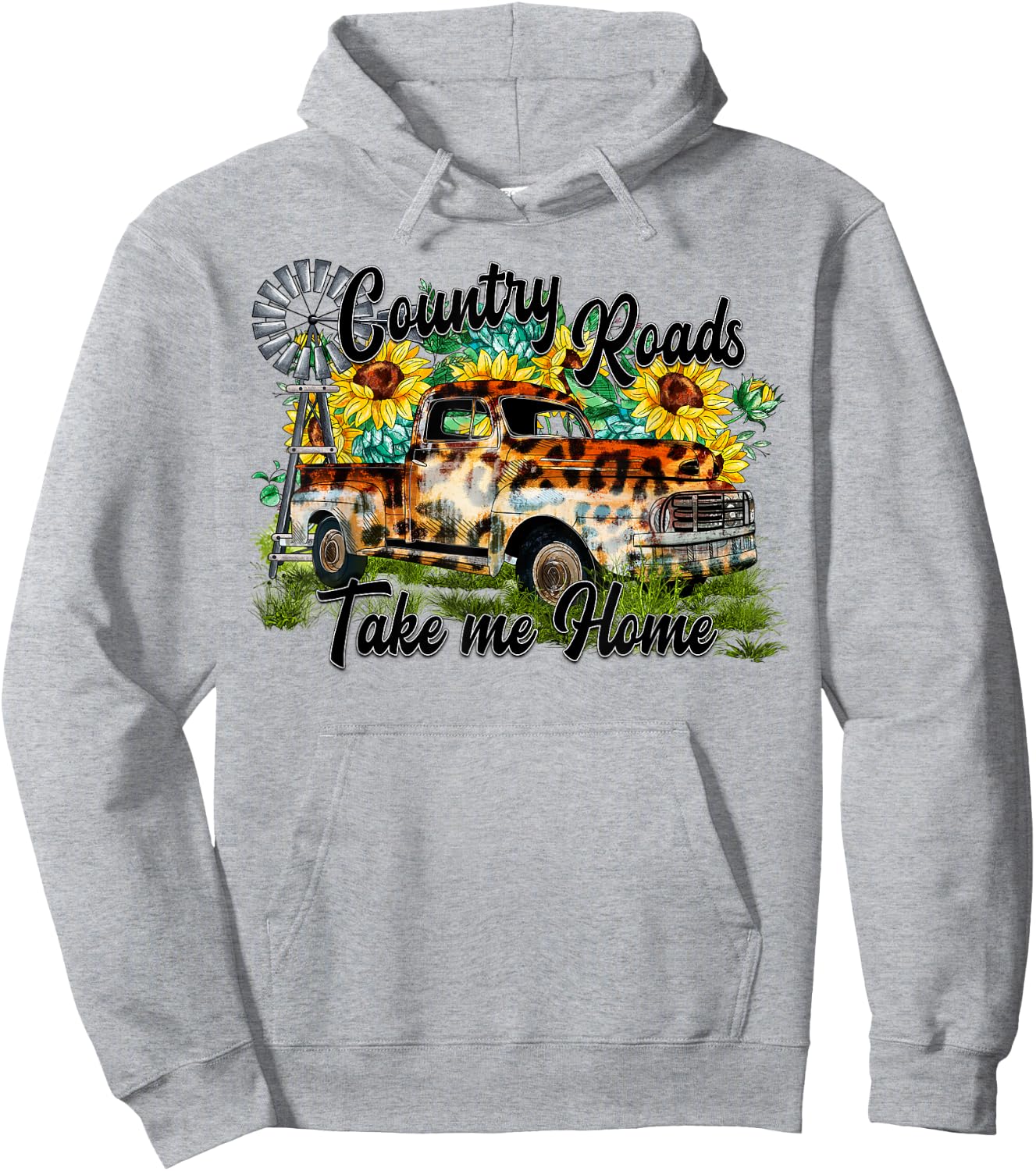 Country Roads Leopard Truck Sunflower Windmill Western Hoodie - Hoodie | Ash