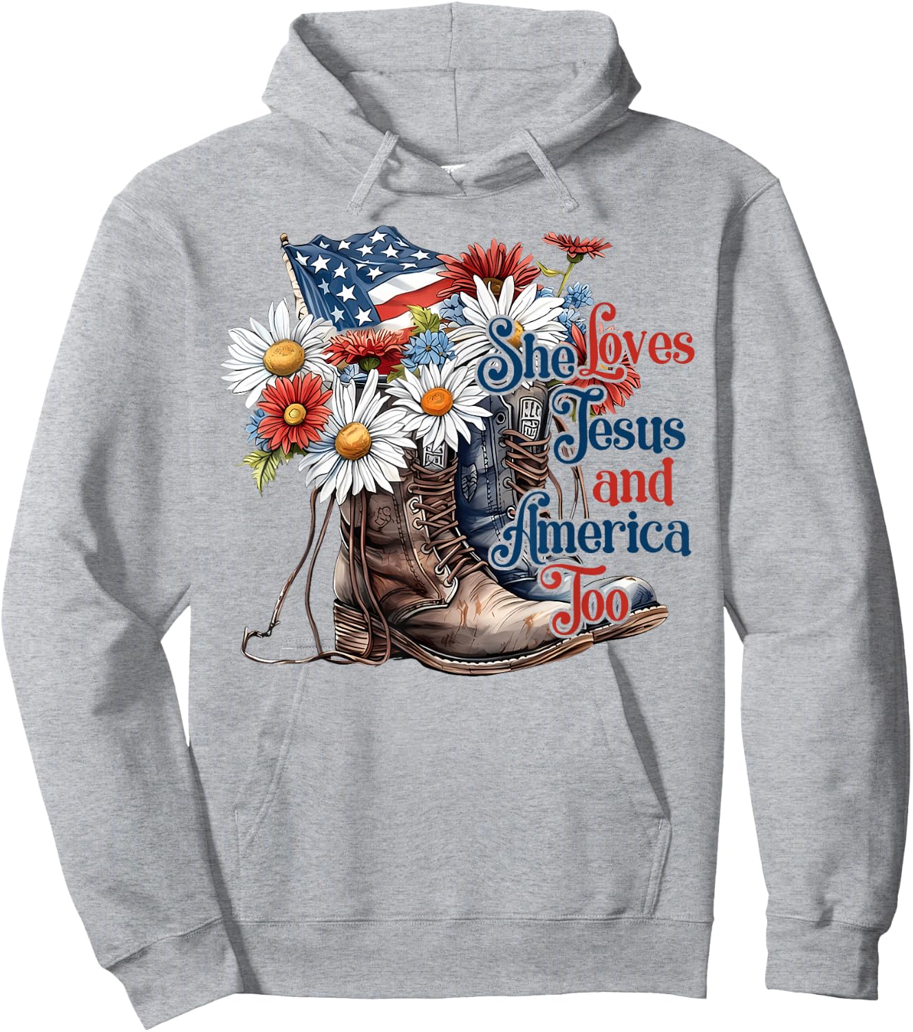 She Loves Jesus and America Too Cowboy Cowwgirl 4th of July Hoodie - Hoodie | Ash