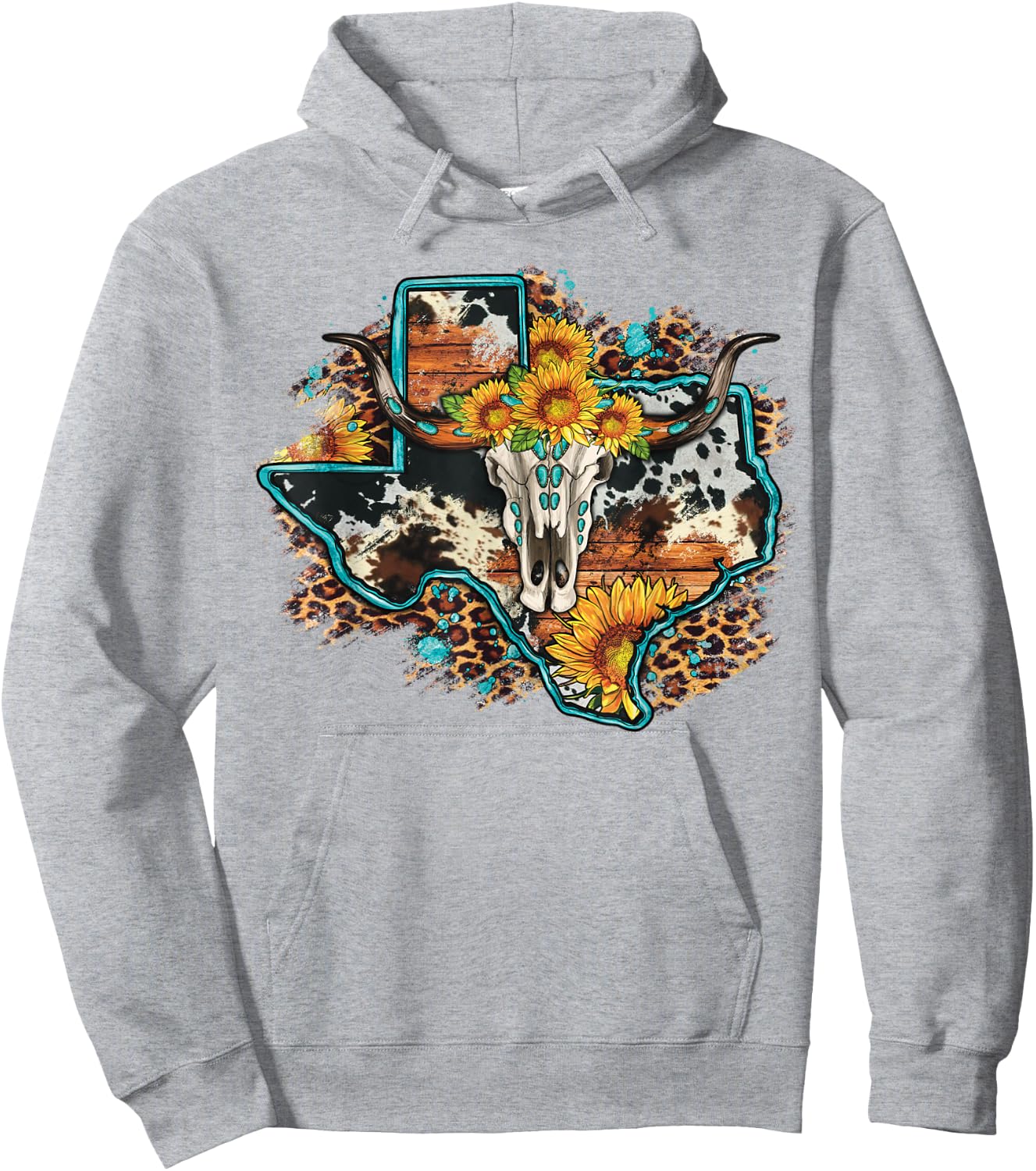 Bull Skull Leopard Cowhide Sunflower Texas Map Western Hoodie - Hoodie | Ash