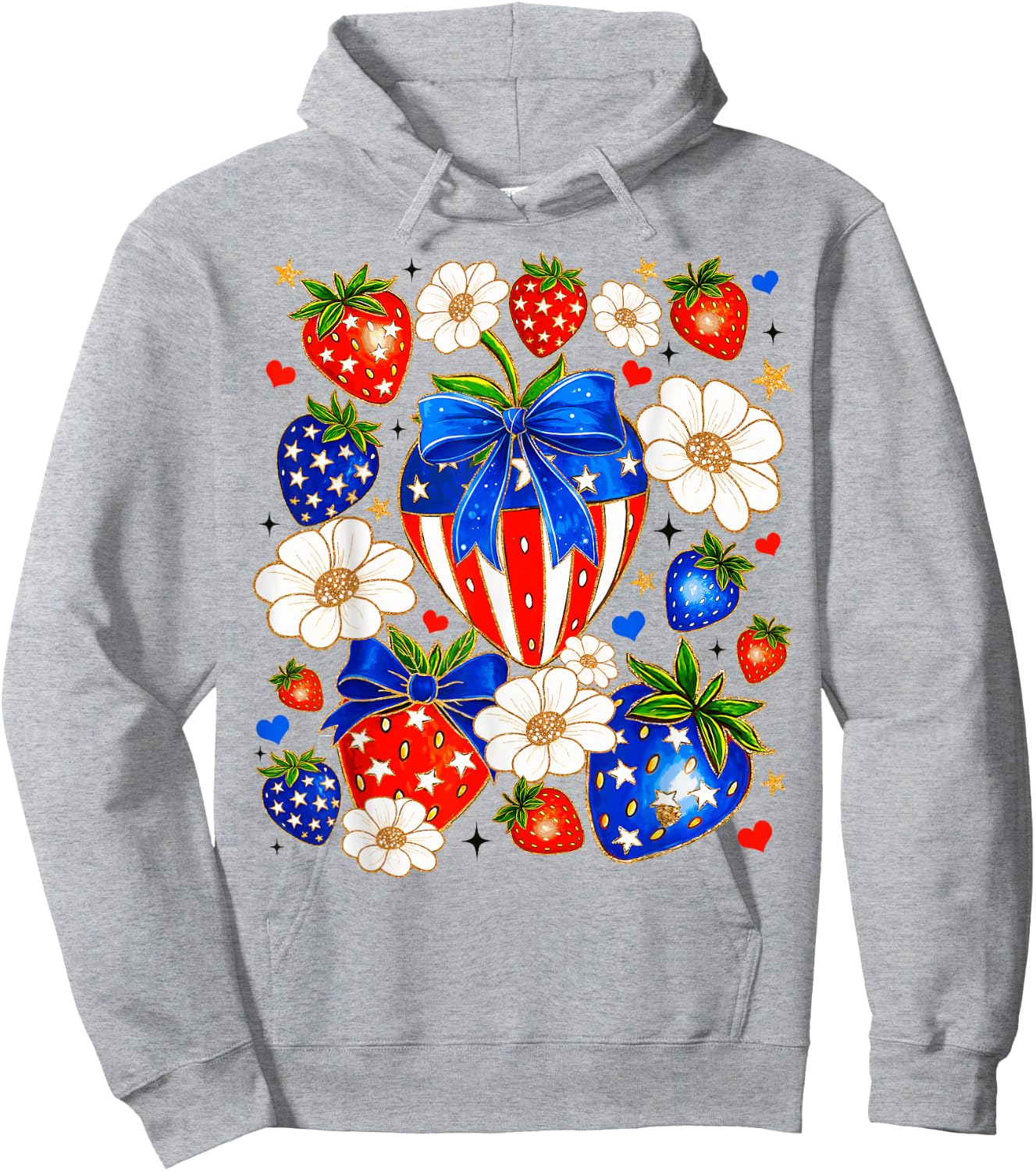 Cute Strawberries Bow USA Flag Independence Day 4th Of July Hoodie - Hoodie | Ash