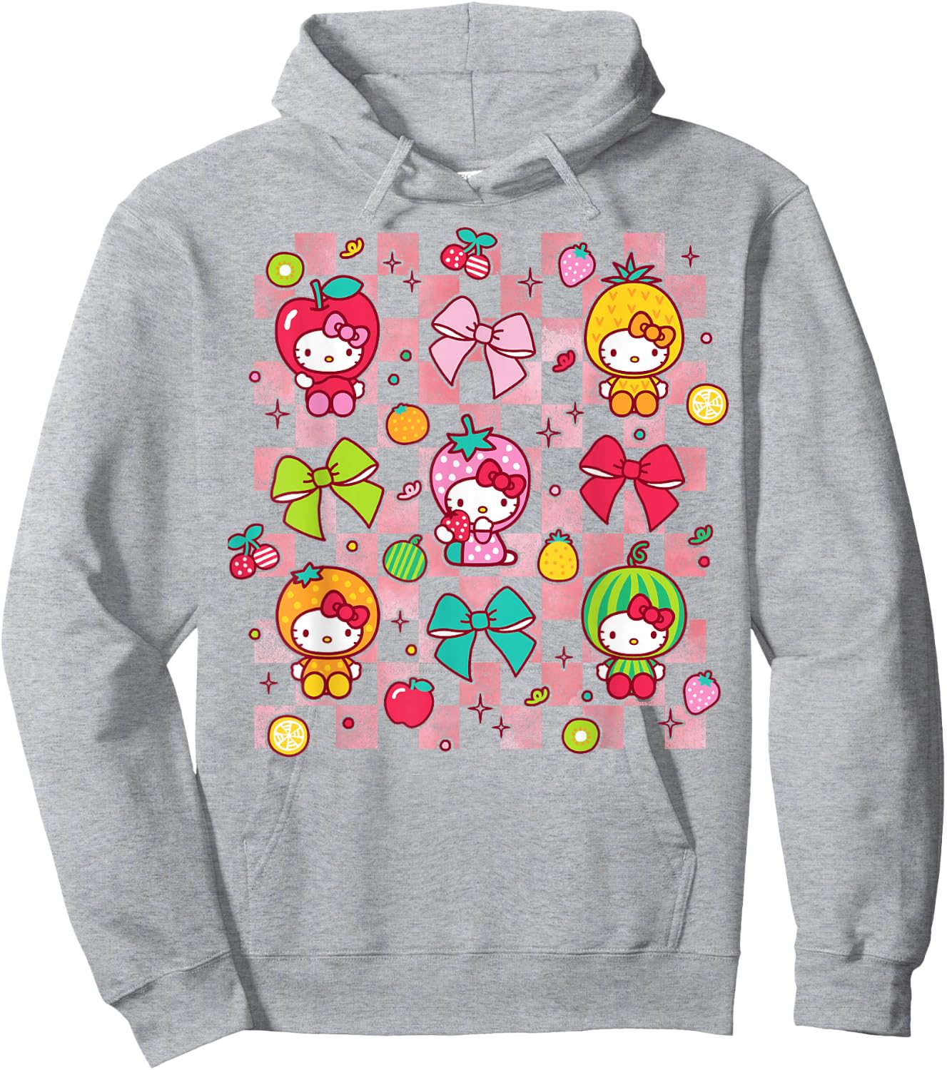 Hello Kitty Bows and Fruit Costumes Chekered Background Hoodie - Hoodie | Ash