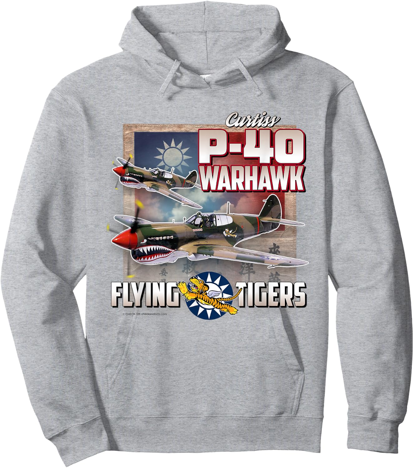 Check Six Military Aviation Store: P-40 Warhawk Flying Tigers - Men's Grey Classic Fit Short Sleeve Hoodie - Hoodie | Ash