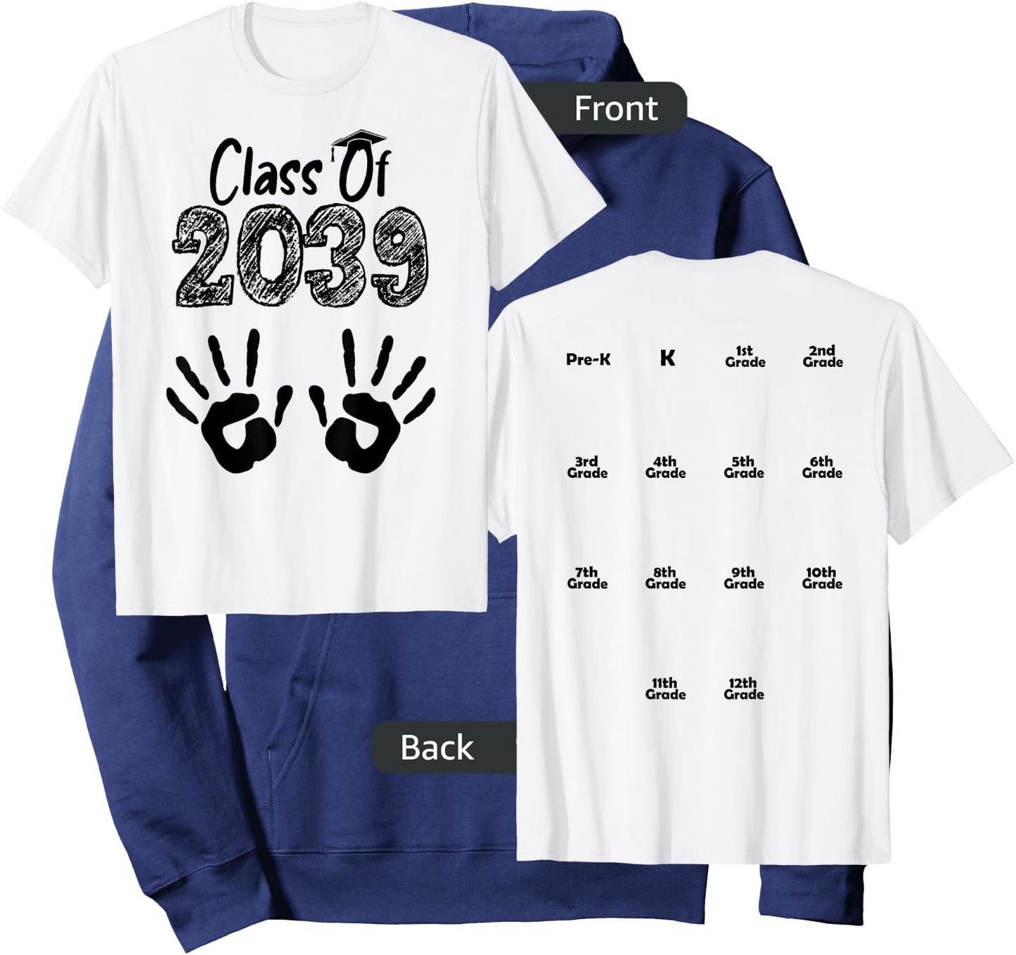 Class of 2039 Grow With Me Shirt Handprint On Back Pre-K Hoodie - Hoodie | Navy