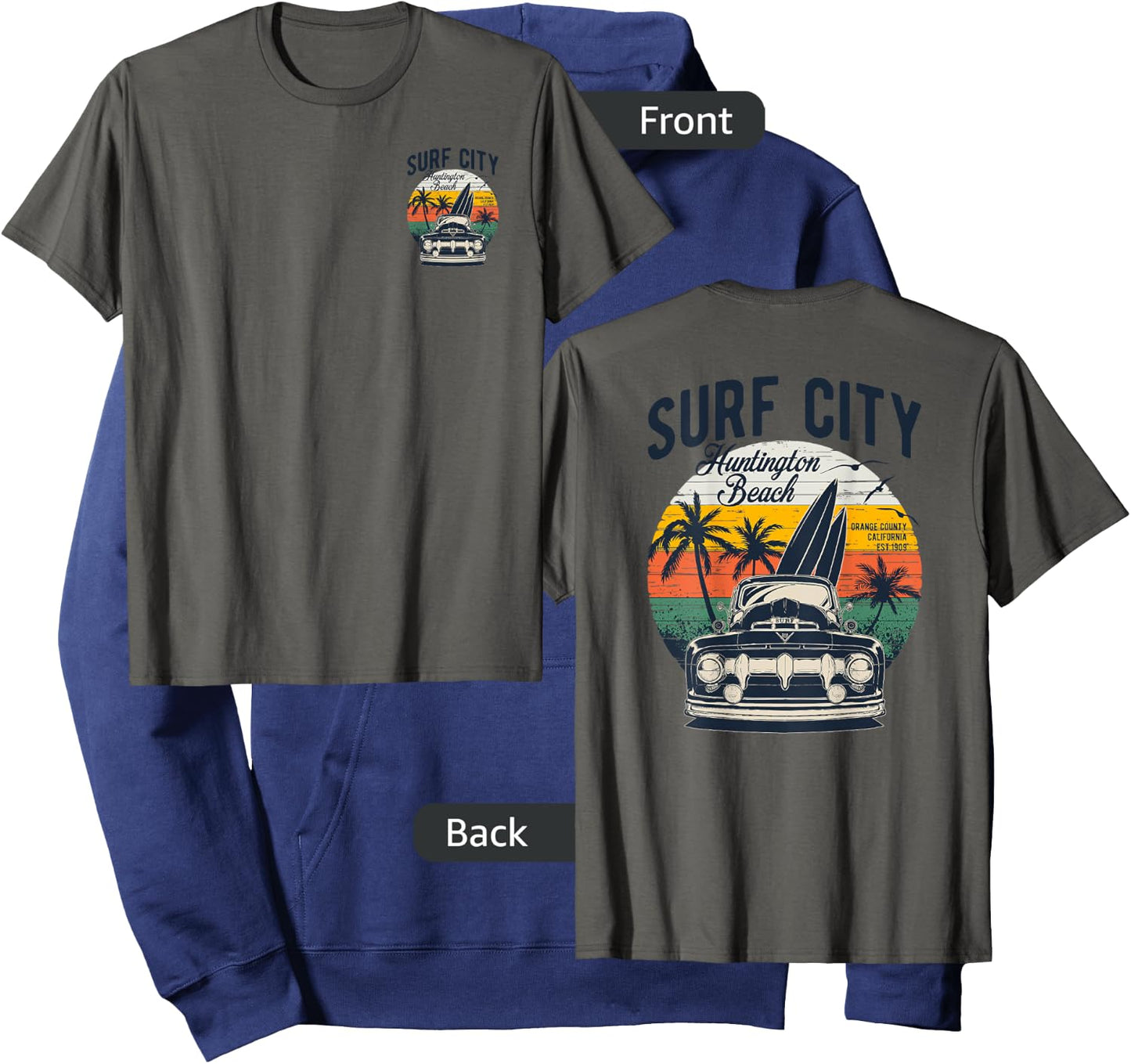 2-Sided Surf City Huntington Beach Retro Sunset '50s Truck Hoodie - Hoodie | Navy