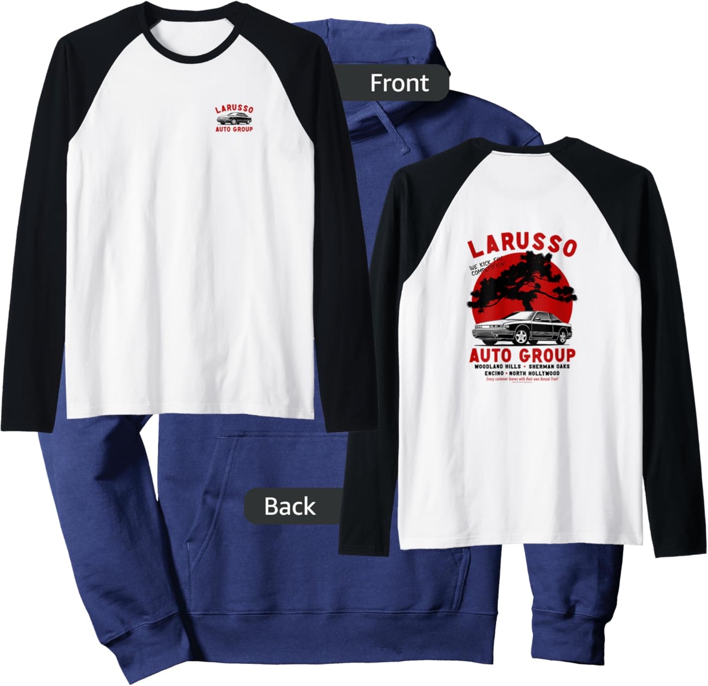 Cobra Kai Retro LaRusso Auto Group Ad Front and Back Raglan Baseball Hoodie - Hoodie | Navy