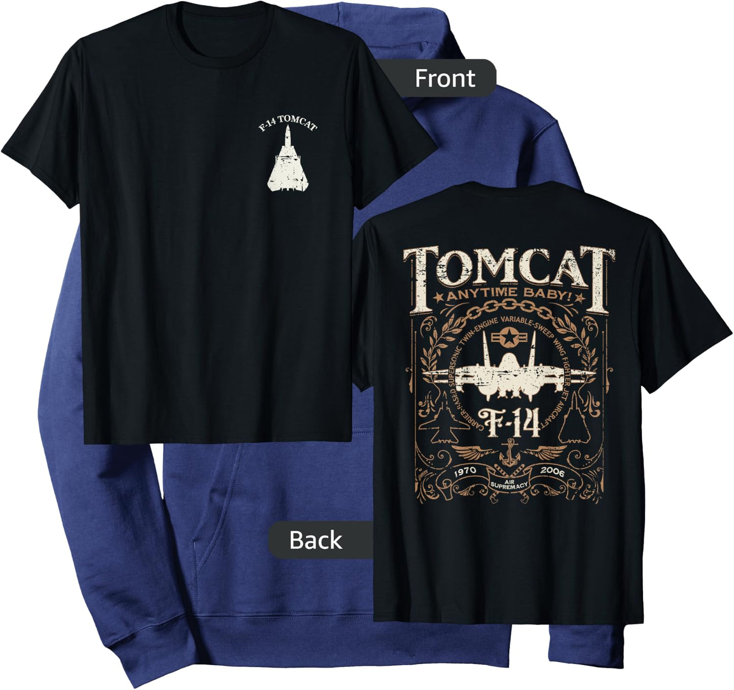 Distressed F-14 Tomcat Military Fighter Jet Front and Back Hoodie - Hoodie | Navy