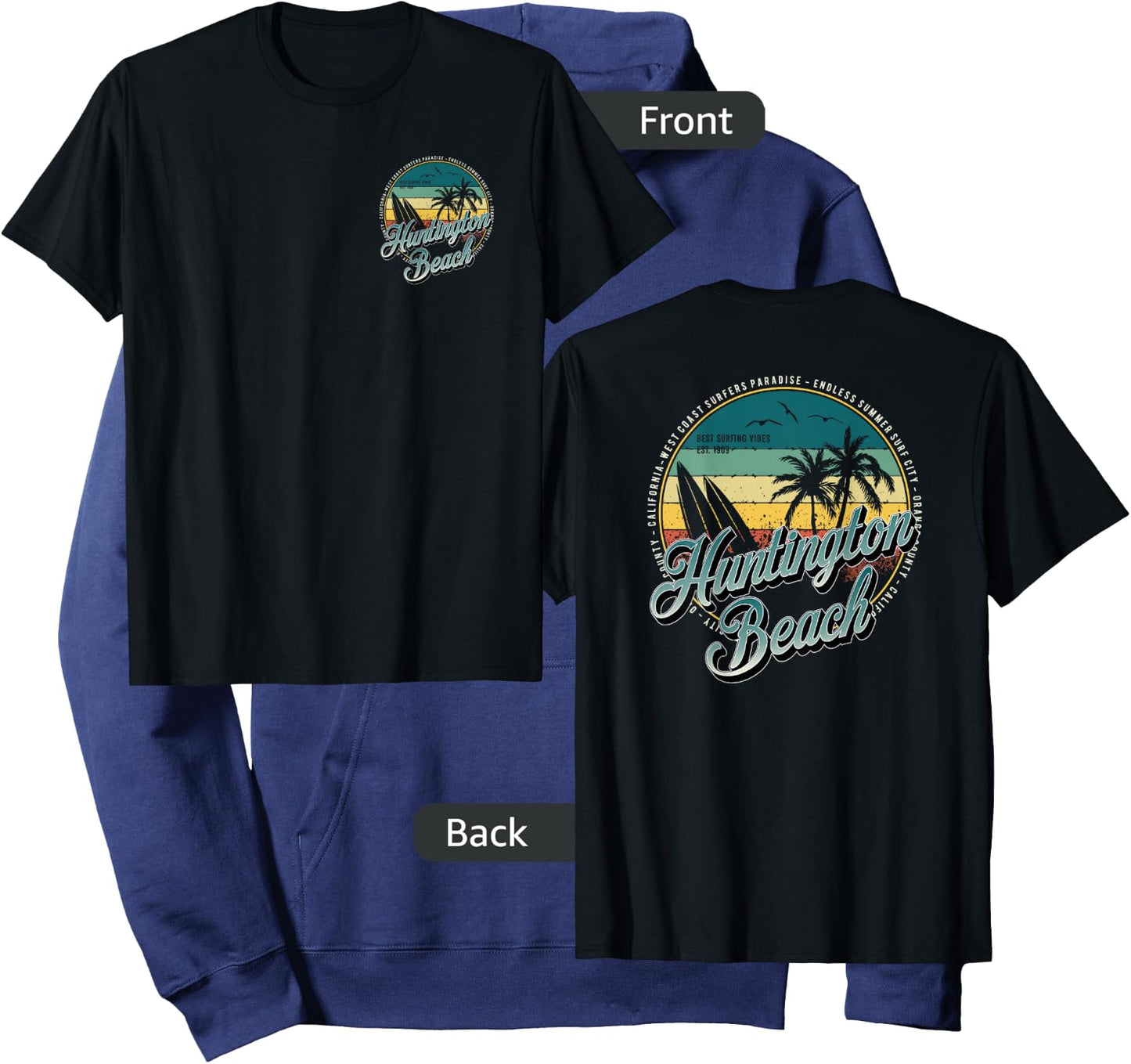 2 Sided Huntington Beach Surf City California Vintage Badge Hoodie - Hoodie | Navy