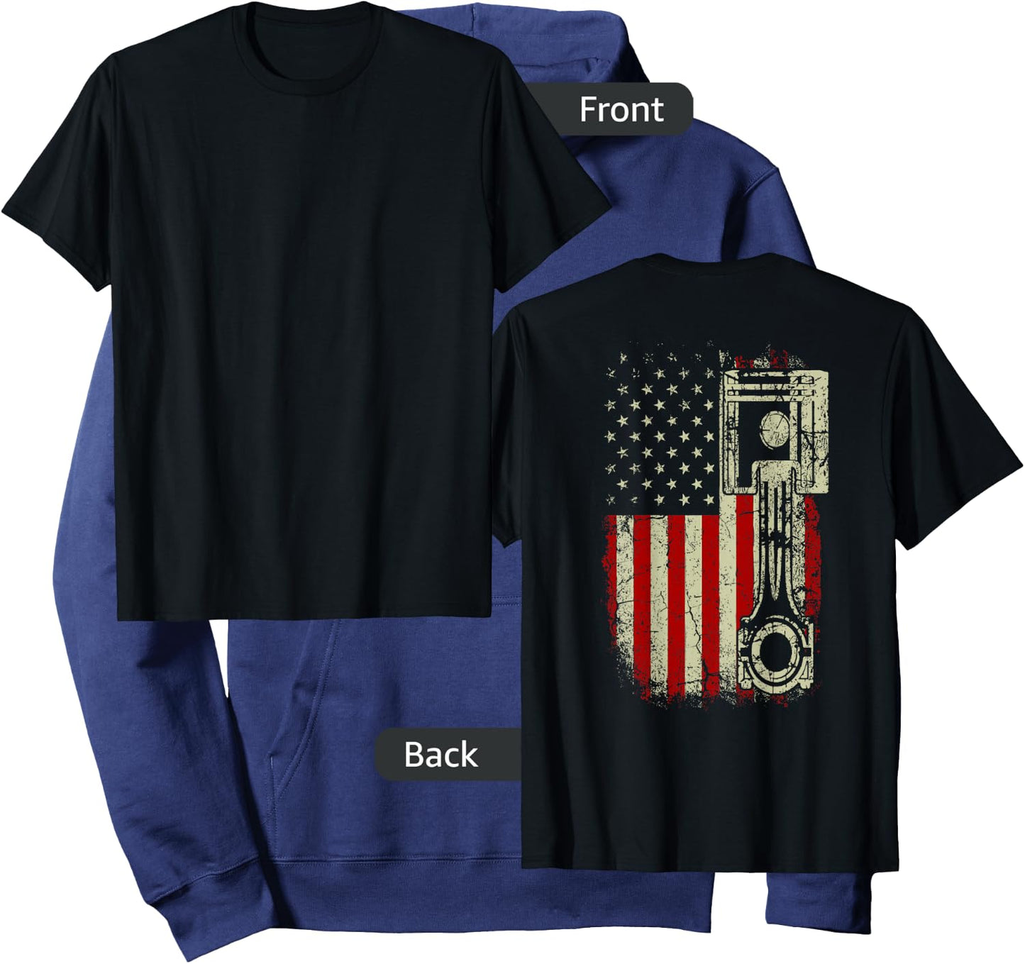 American Flag Piston Muscle Car Patriotic Vintage on Back Hoodie - Hoodie | Navy