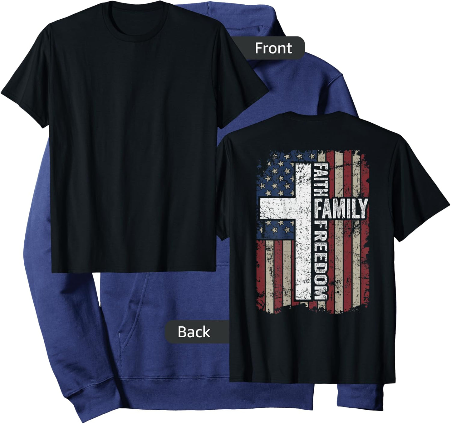 Faith Family Freedom - Christian Vintage USA Flag - ON Back Hoodie - Hoodie | Navy