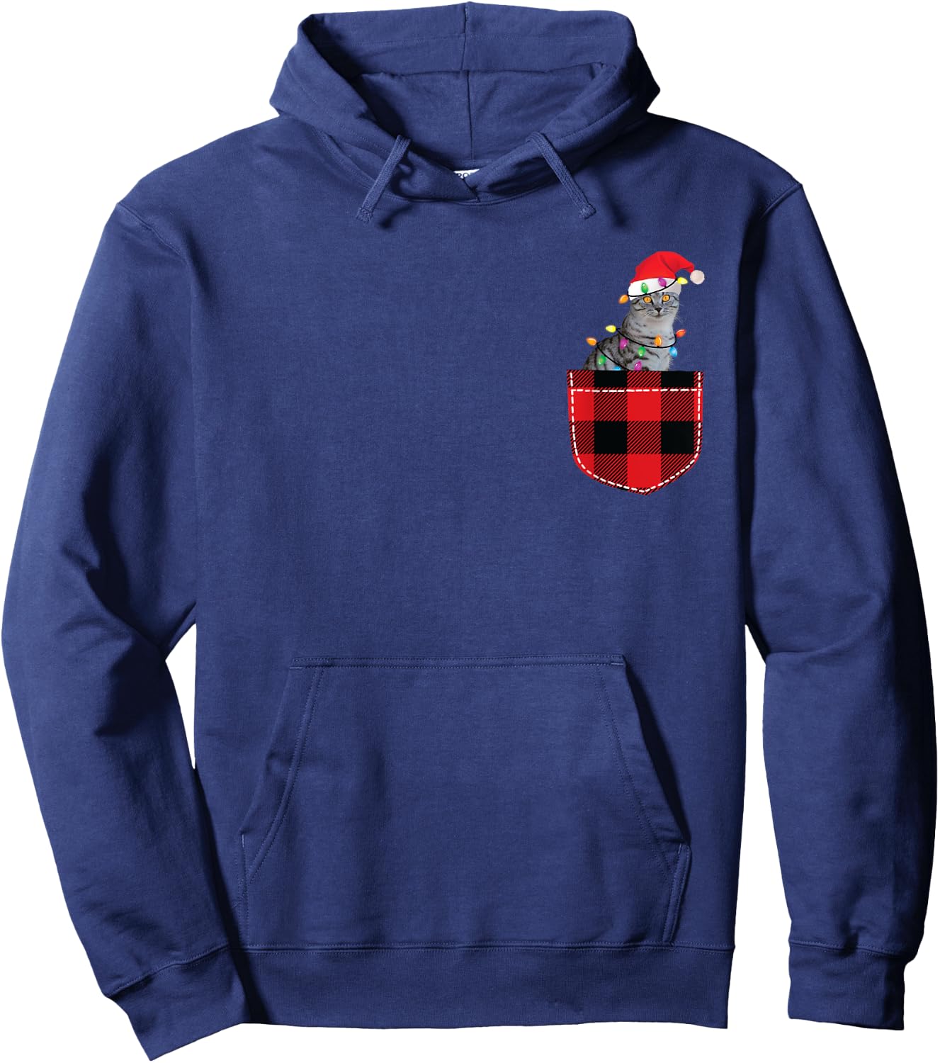 Cat in Pocket Shirt Women Men Funny Cat Christmas Plaid Hoodie - Hoodie | Navy