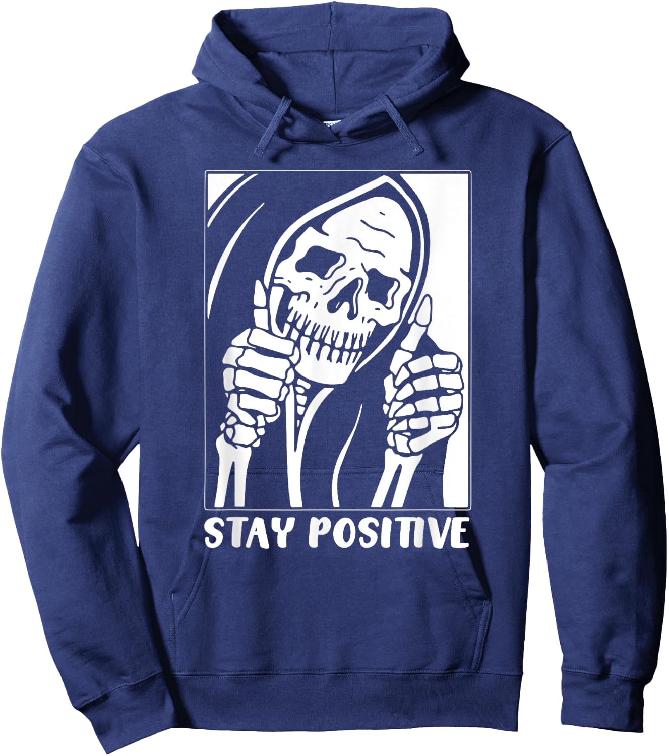 Death Stay Positive Skeleton Thumbs Up. White Graphic Hoodie - Hoodie | Navy