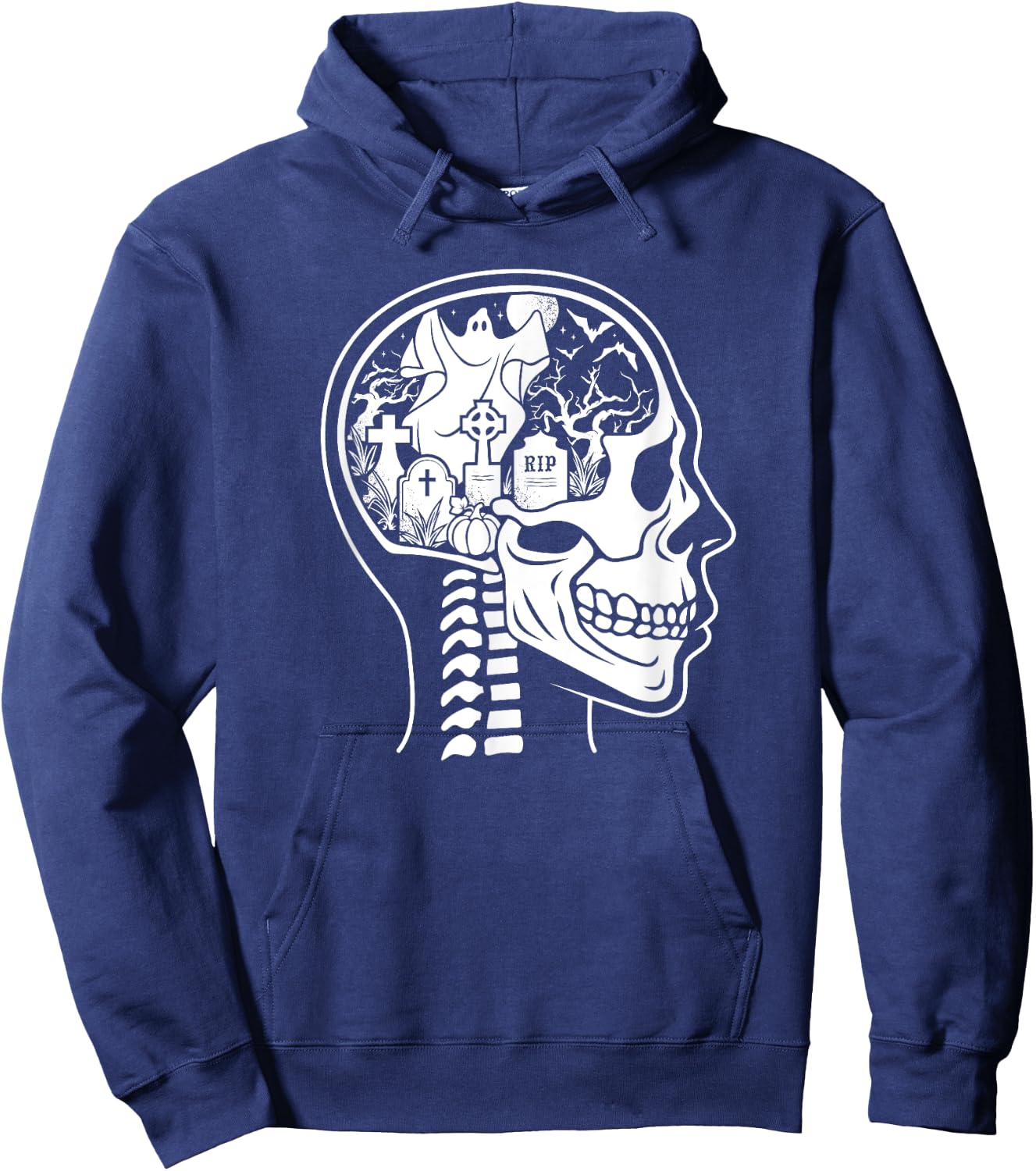 Thinking About Halloween All The Time Ghost Graveyard Skull Hoodie - Hoodie | Navy