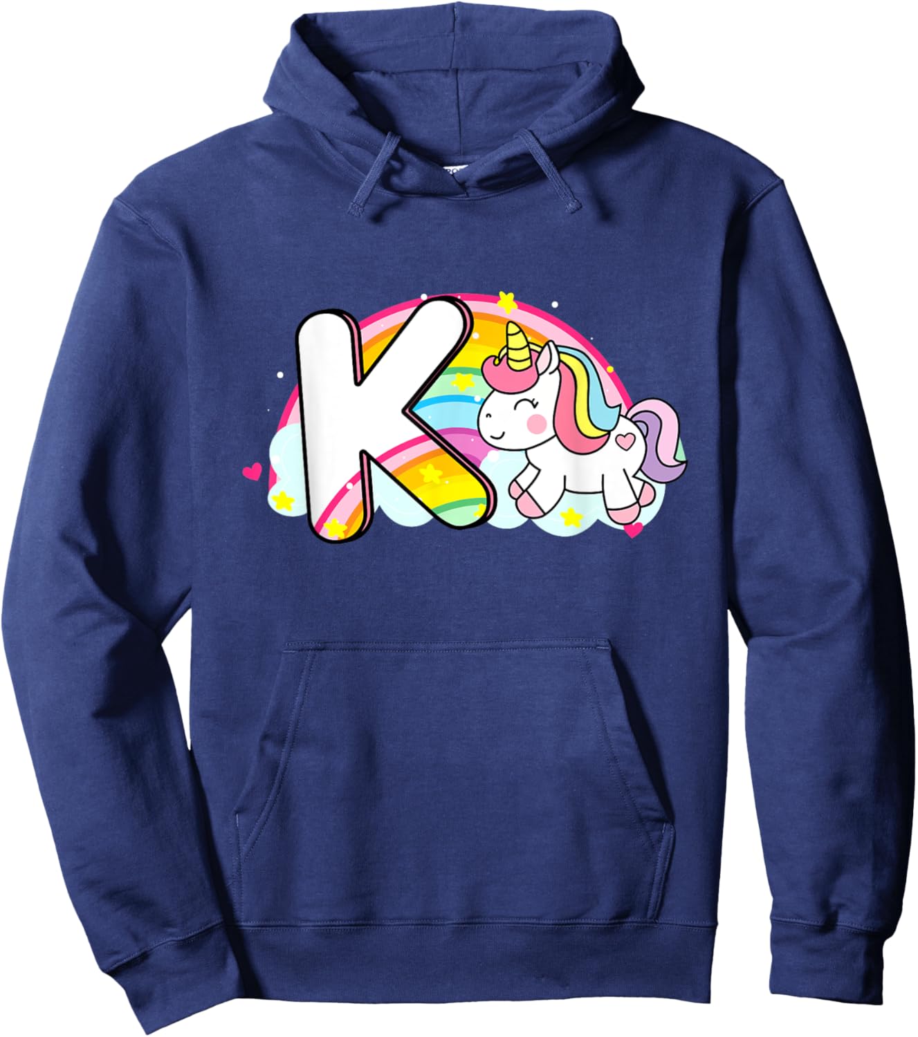 Cute Unicorn Rainbow Caricature Initial K Mo Hoodie - Hoodie | Navy