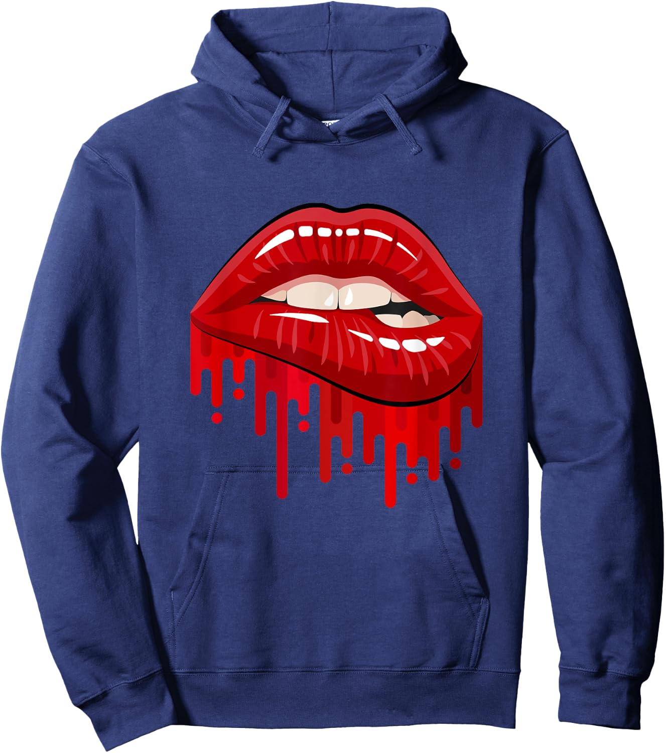 Cool Men's Women's Bold Red Biting Lips Graphic Short Sleeve Hoodie - Hoodie | Navy