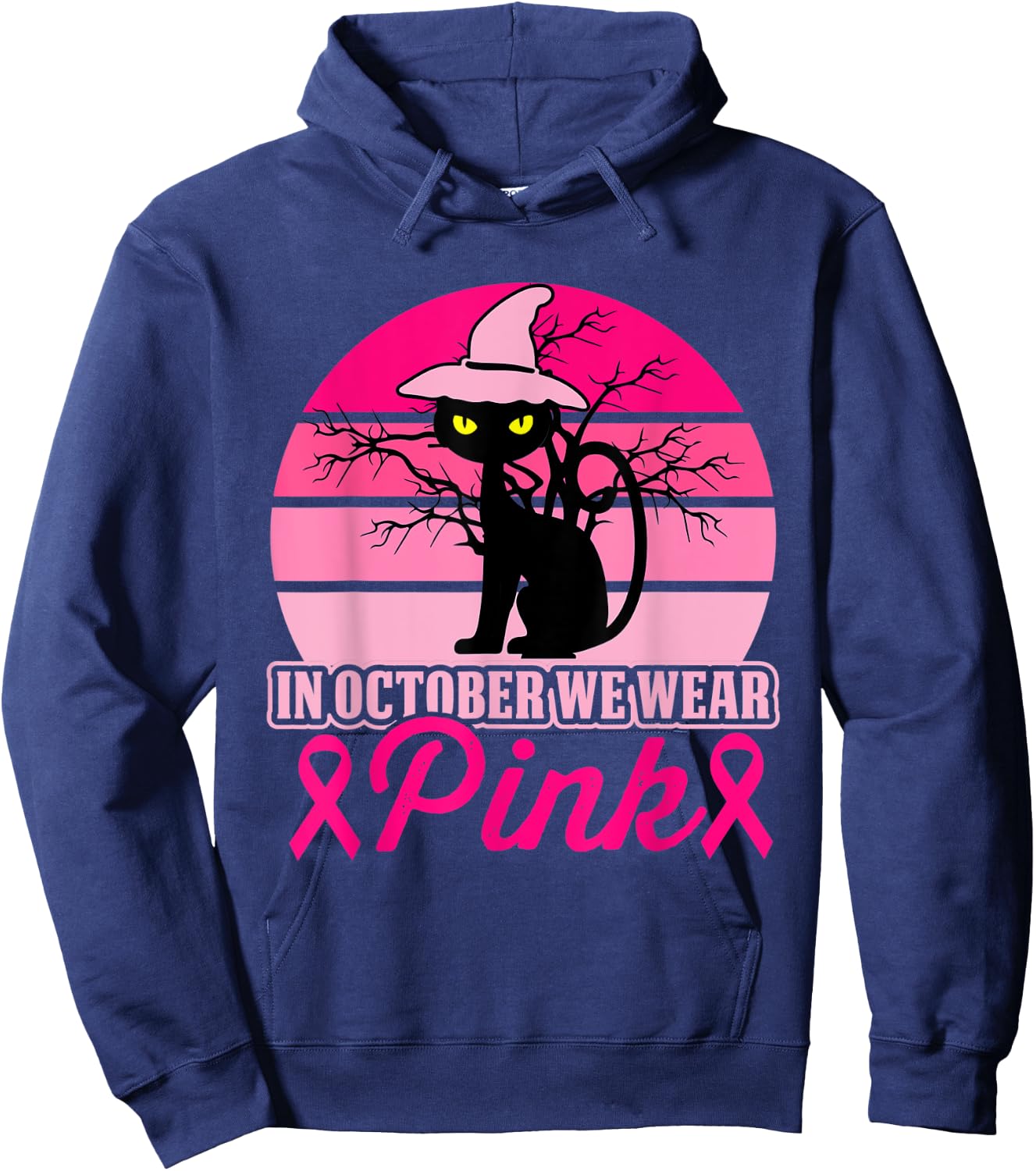 In October We Wear Pink Cat Breast Cancer Halloween Hoodie - Hoodie | Navy