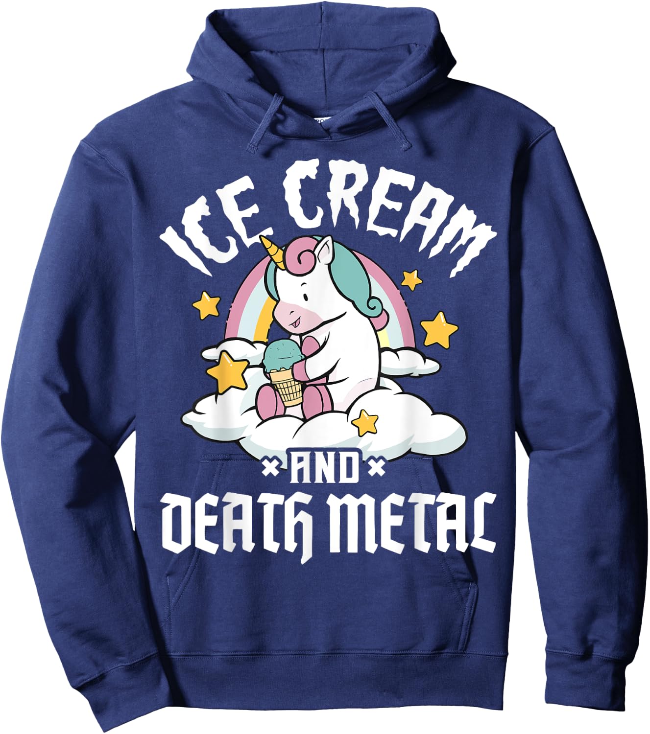 Unicorn Retro Rainbow Heavy Metal Ice Cream And Death Metal Men Women Girls Kids Hoodie - Hoodie | Navy
