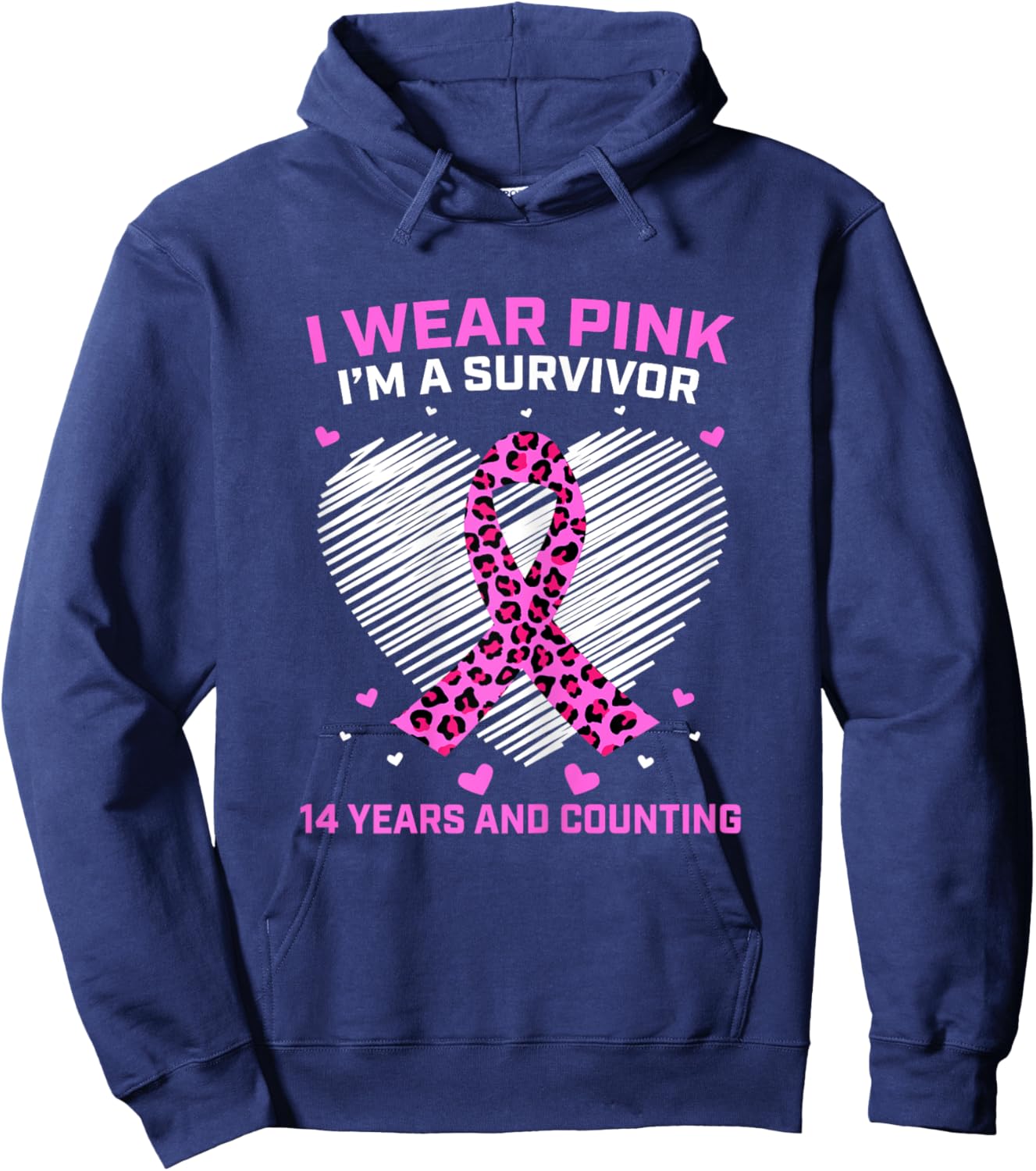 14 Years Breast Cancer Survivor Pink Cheetah Print Awareness Hoodie - Hoodie | Navy