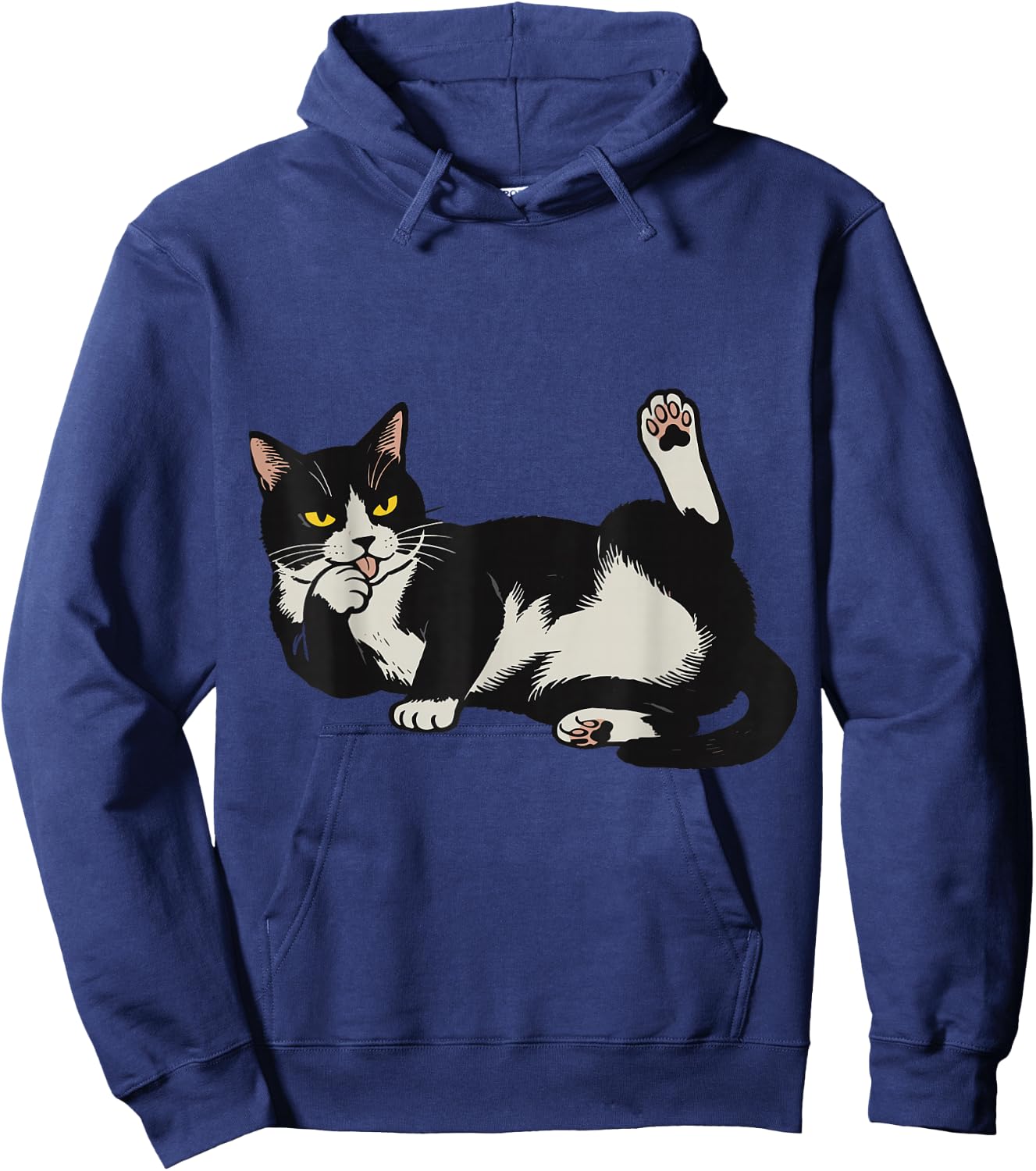 Funny Tuxedo Cat Licking Paw Cute Lazy Feline Graphic Hoodie - Hoodie | Navy
