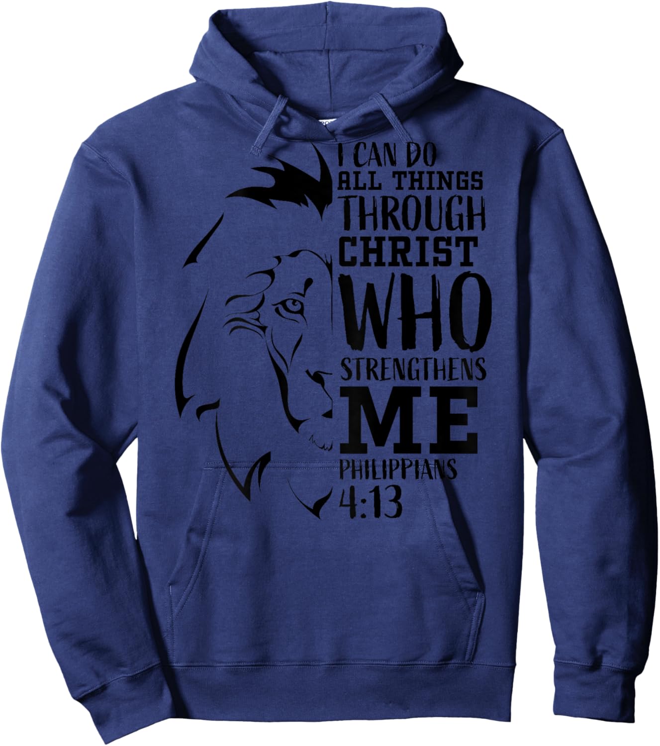 Philippians 4:13 Christian Verse Lion Graphic Back Print Hoodie - Hoodie | Navy