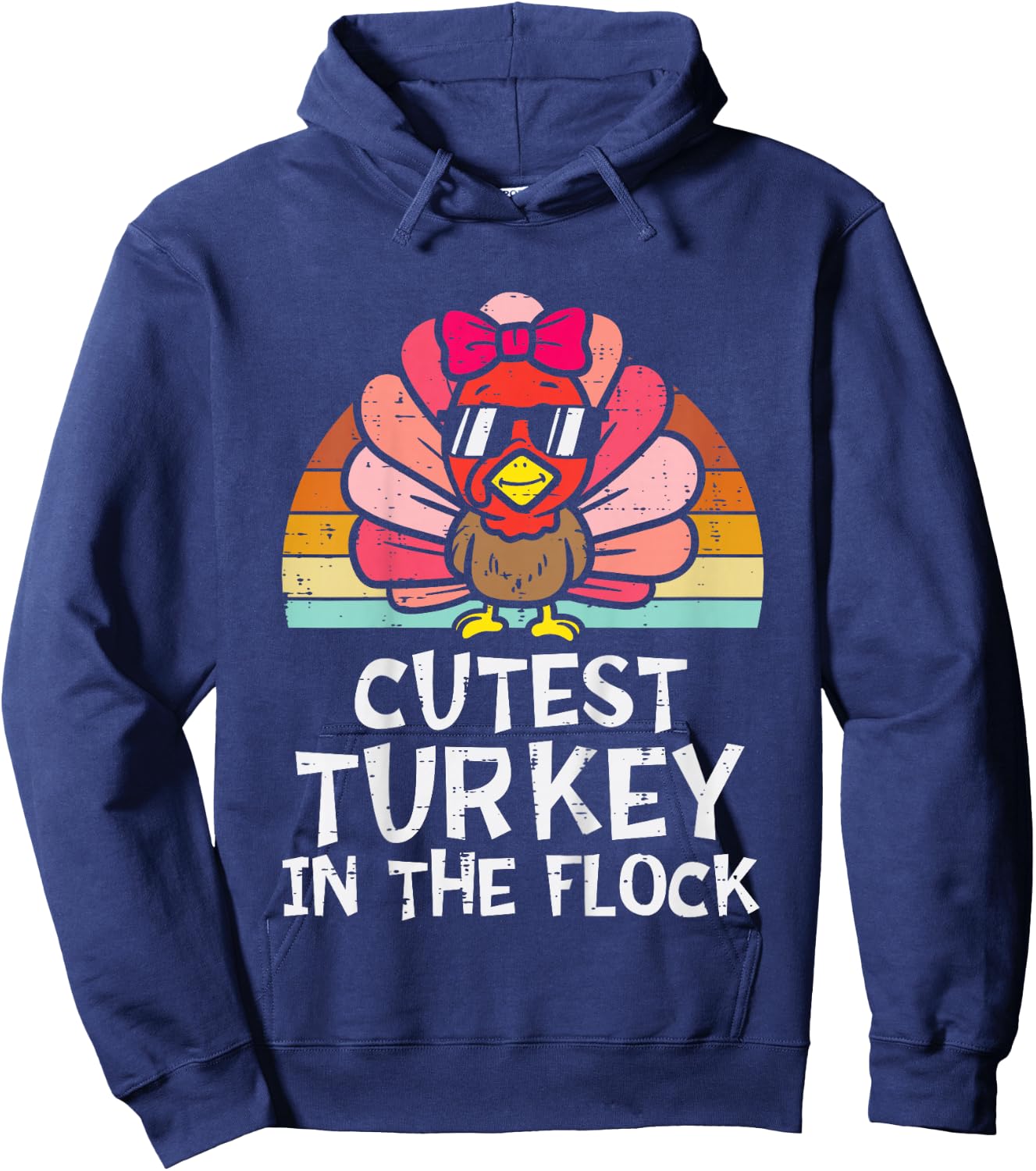 Cutest Turkey In The Flock Retro Toddler Girls Thanksgiving Hoodie - Hoodie | Navy