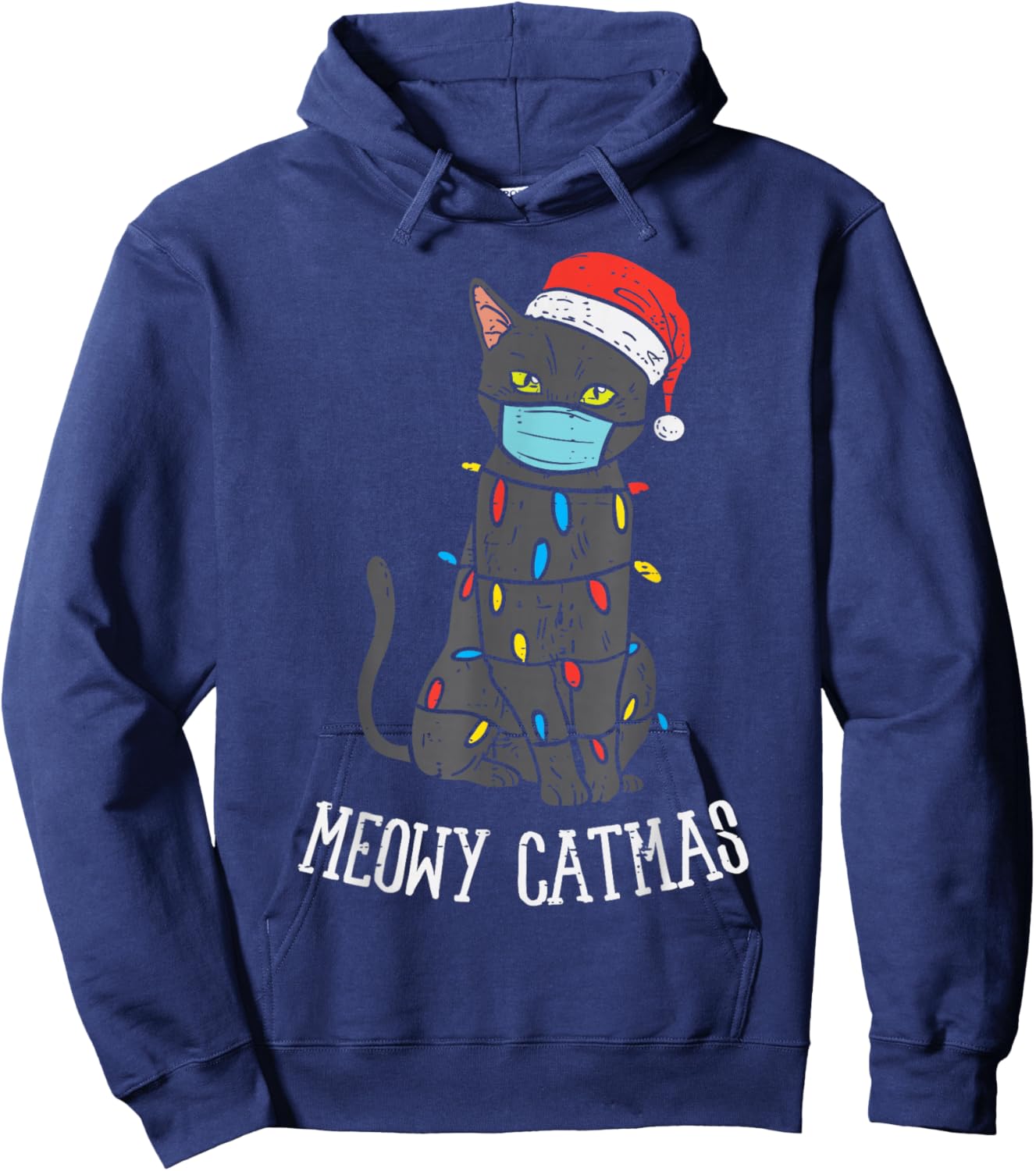 Santa Black Cat Mask Meowy Catmas Christmas Quarantine Gift Hoodie - Hoodie | Navy