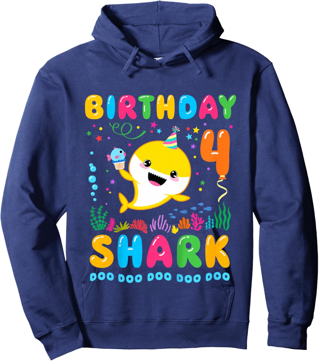 Kids Birthday Shark 4 Year Old Boy or Girl 4th Bday Kawaii Hoodie - Hoodie | Navy