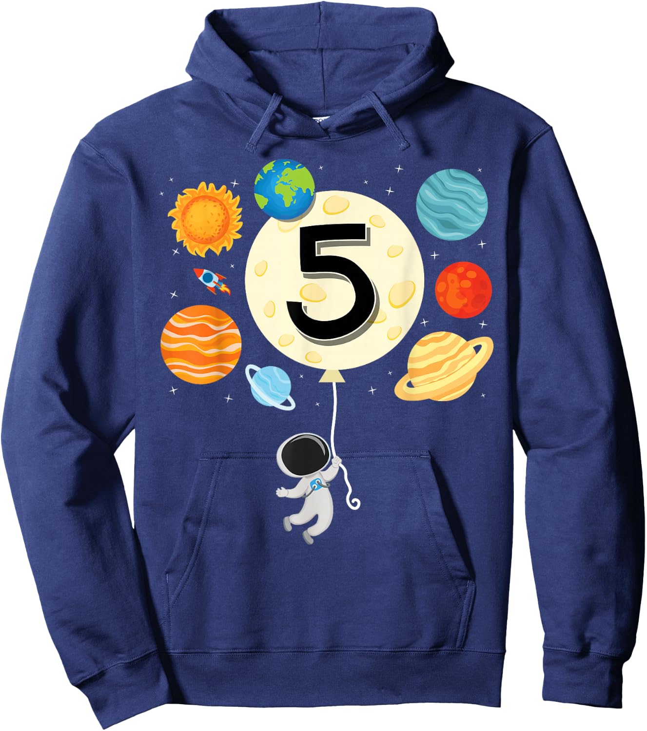 Astronaut Balloon Planets 5th Birthday Space 5 Year Old Kids Hoodie - Hoodie | Navy