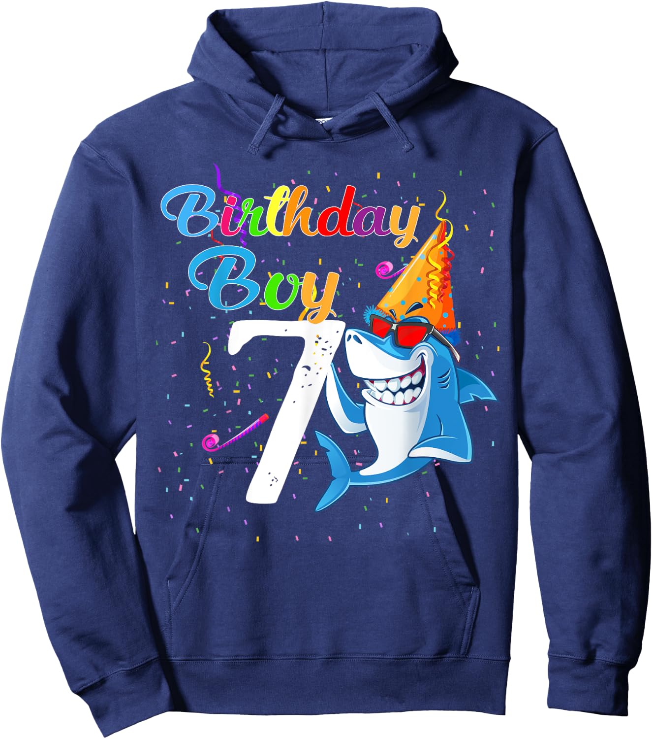 7th Birthday Boy Shark - 7 Year Old Boy Birthday Hoodie - Hoodie | Navy
