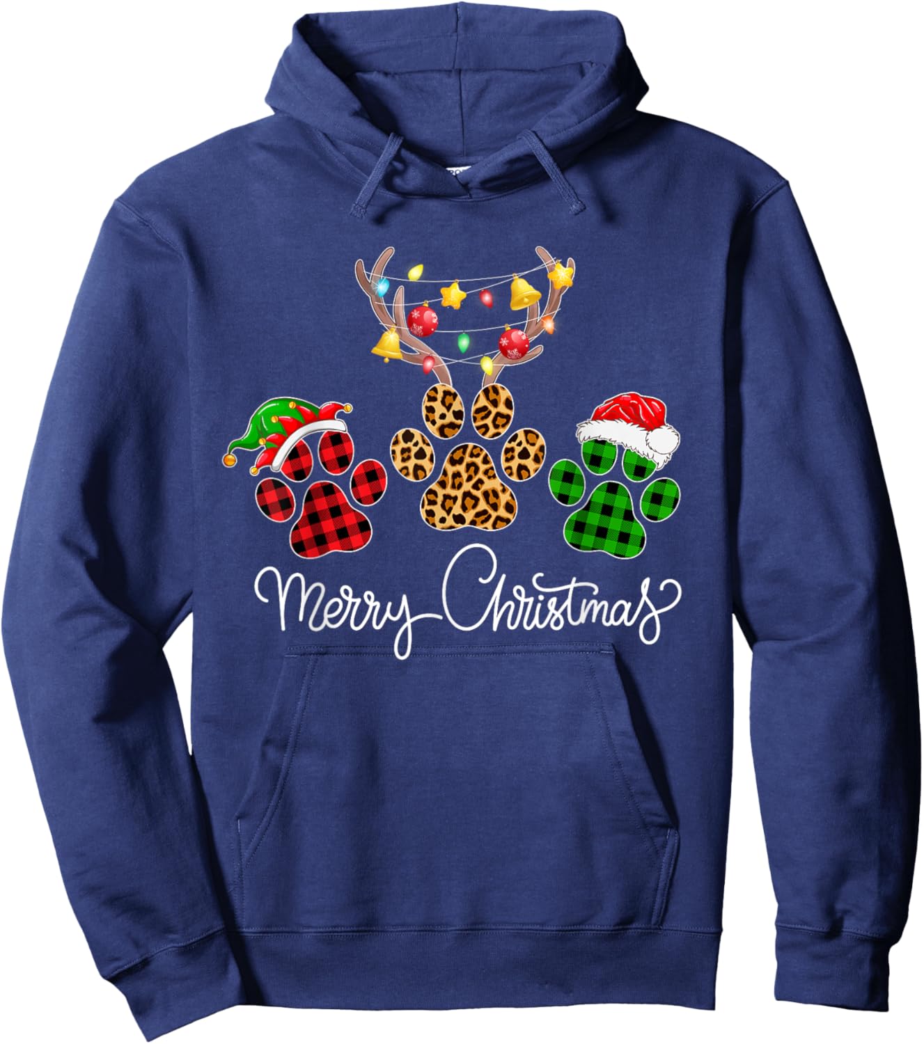 Merry Christmas Dog Paws Lights Buffalo Plaid & Leopard Xmas Men Women Kids Hoodie - Hoodie | Navy