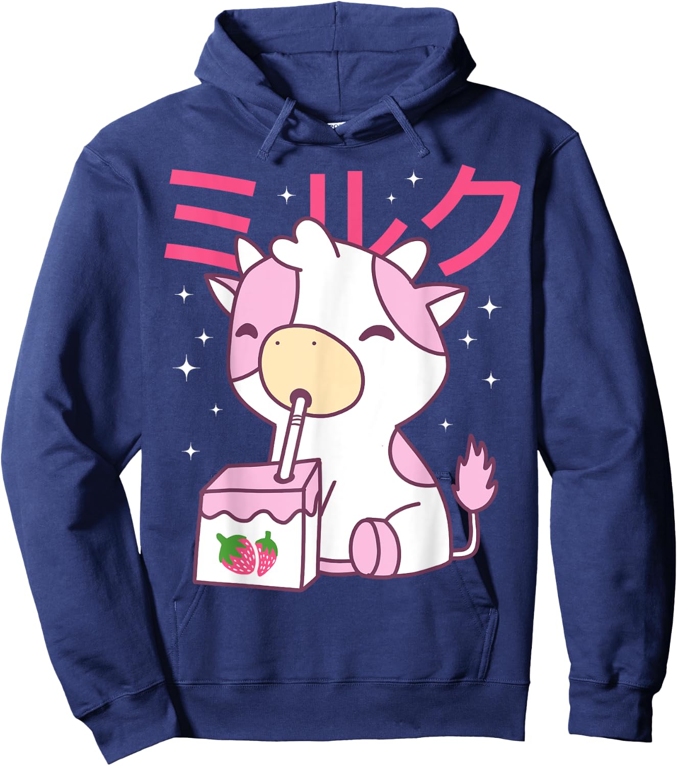 Strawberry Milk Drinking Cute Kawaii Cow Hoodie - Hoodie | Navy
