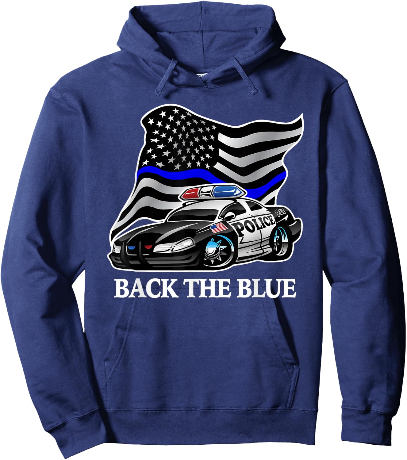 Back The Blue Flag with Police Car Cartoon Hoodie - Hoodie | Navy