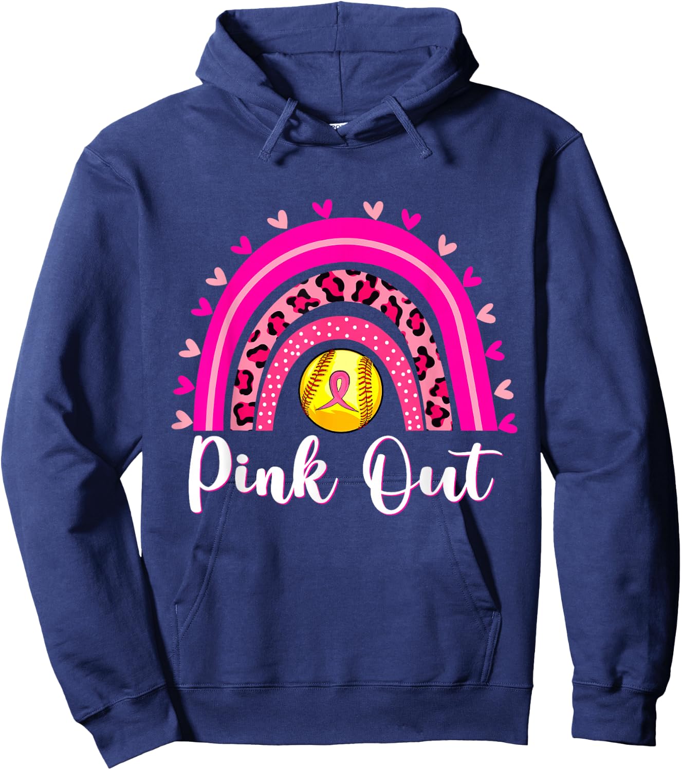 Pink Out Softball Lover Rainbow Breast Cancer Awareness Hoodie - Hoodie | Navy