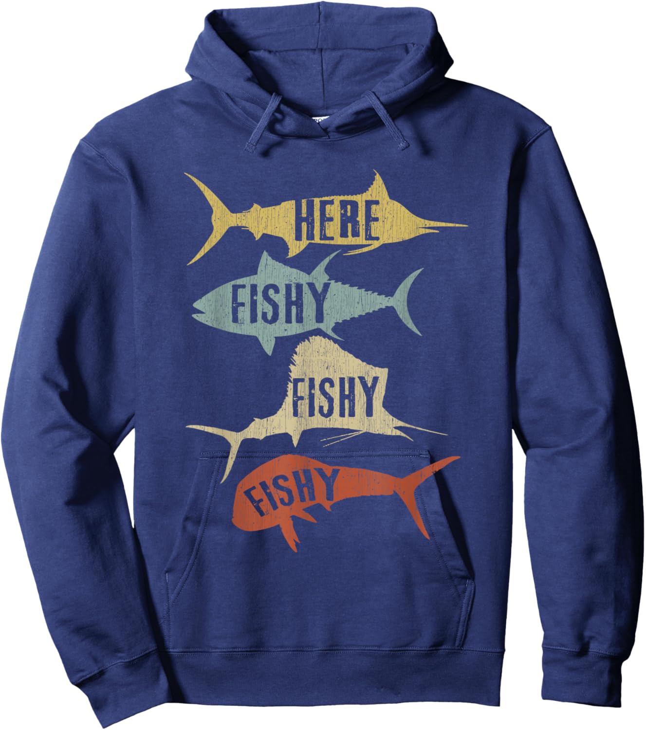 Salt Water Fishing Gift Ideas Funny Vintage Here Fishy-Fishy - Men's Black Cotton Polyester Short Sleeve - Small Hoodie - Hoodie | Navy