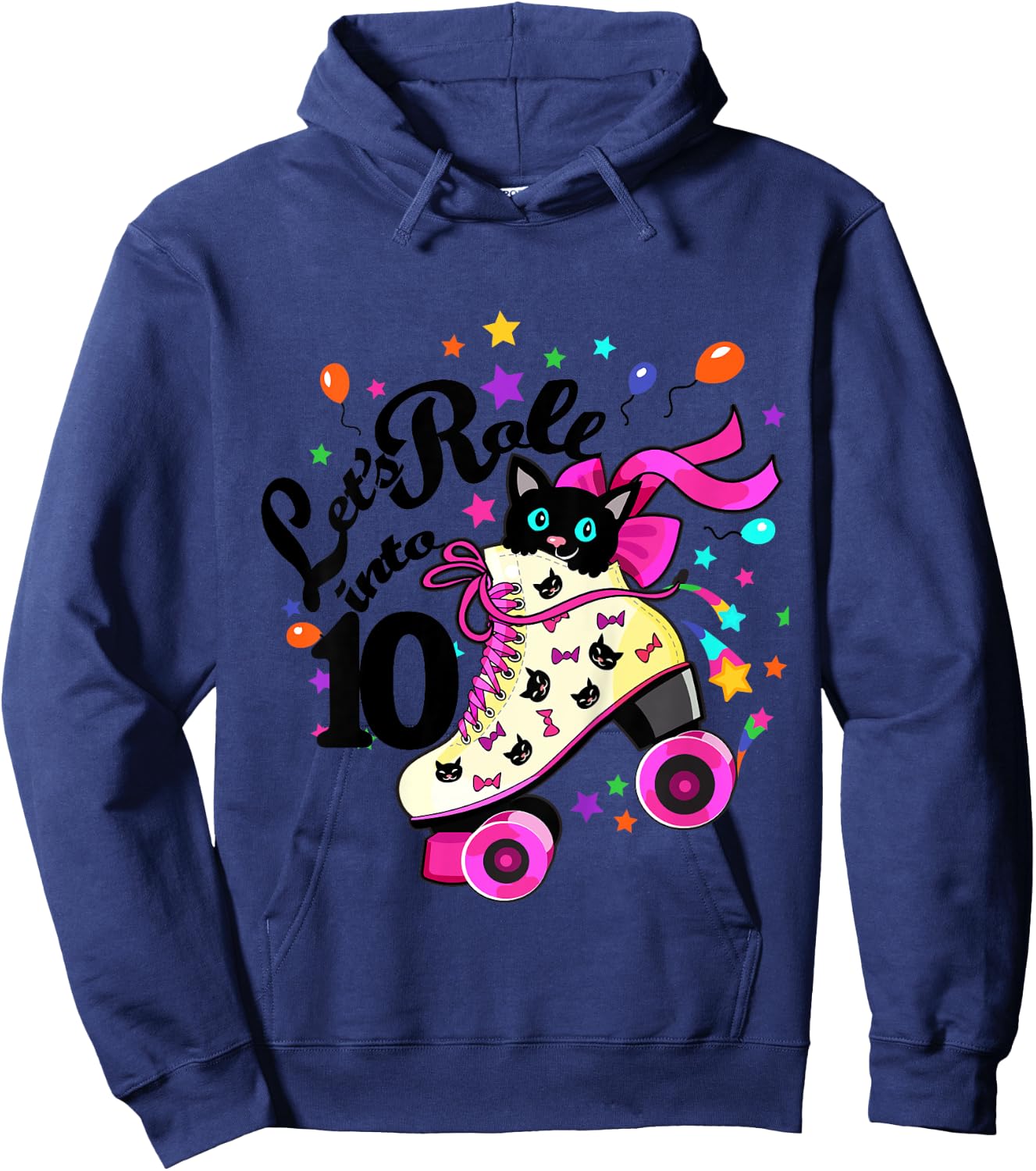 Kids 10 Year Old Birthday Shirt Girl Roller Skate Cat Bday Dress Hoodie - Hoodie | Navy