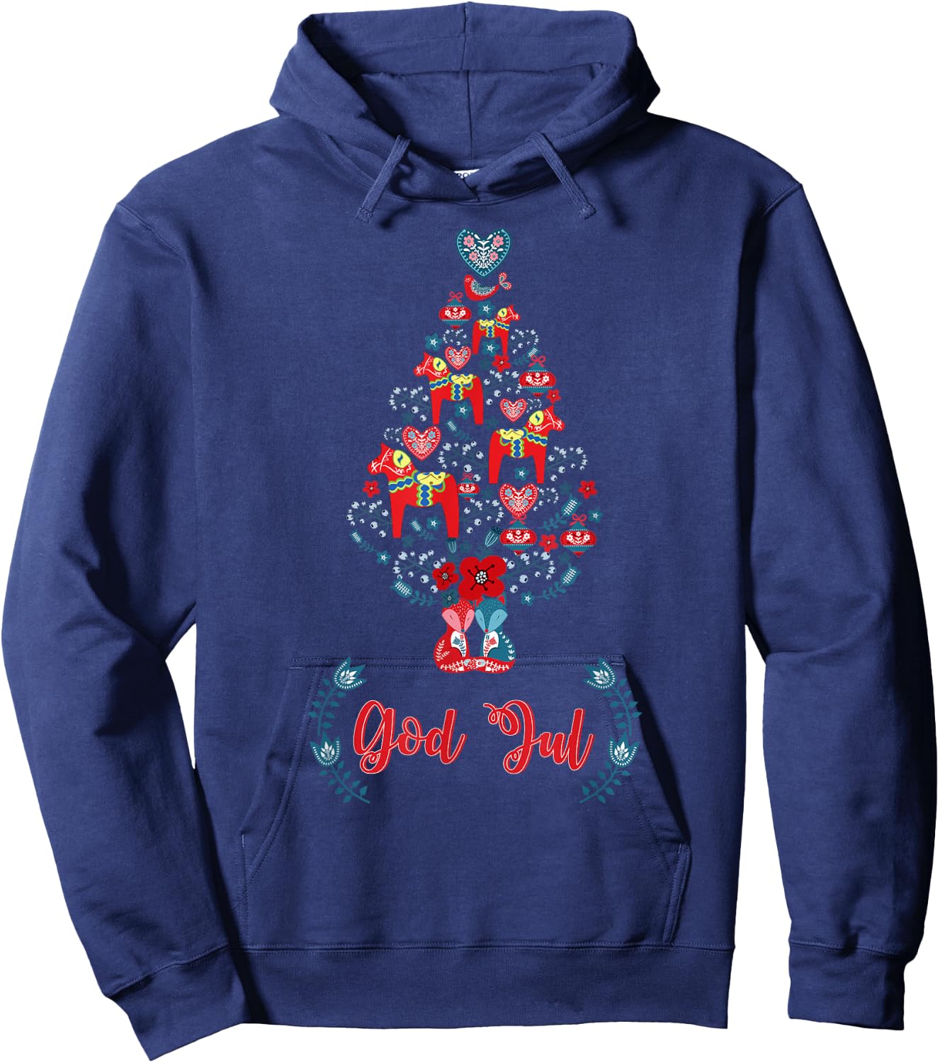 God Jul Red Swedish Dala Horse Christmas Tree Hoodie - Hoodie | Navy