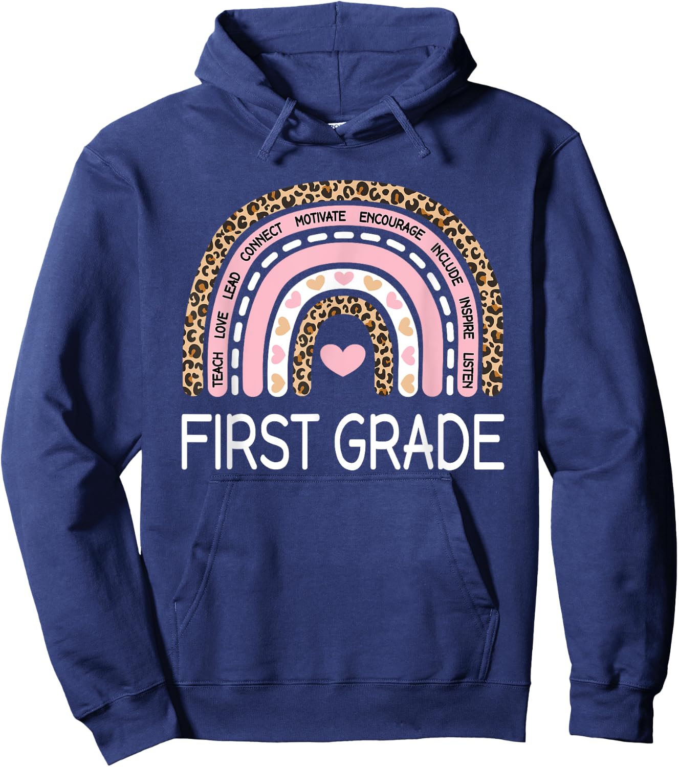 Cute First Grade Teacher Leopard Rainbow Pastel Pink 1st Hoodie - Hoodie | Navy